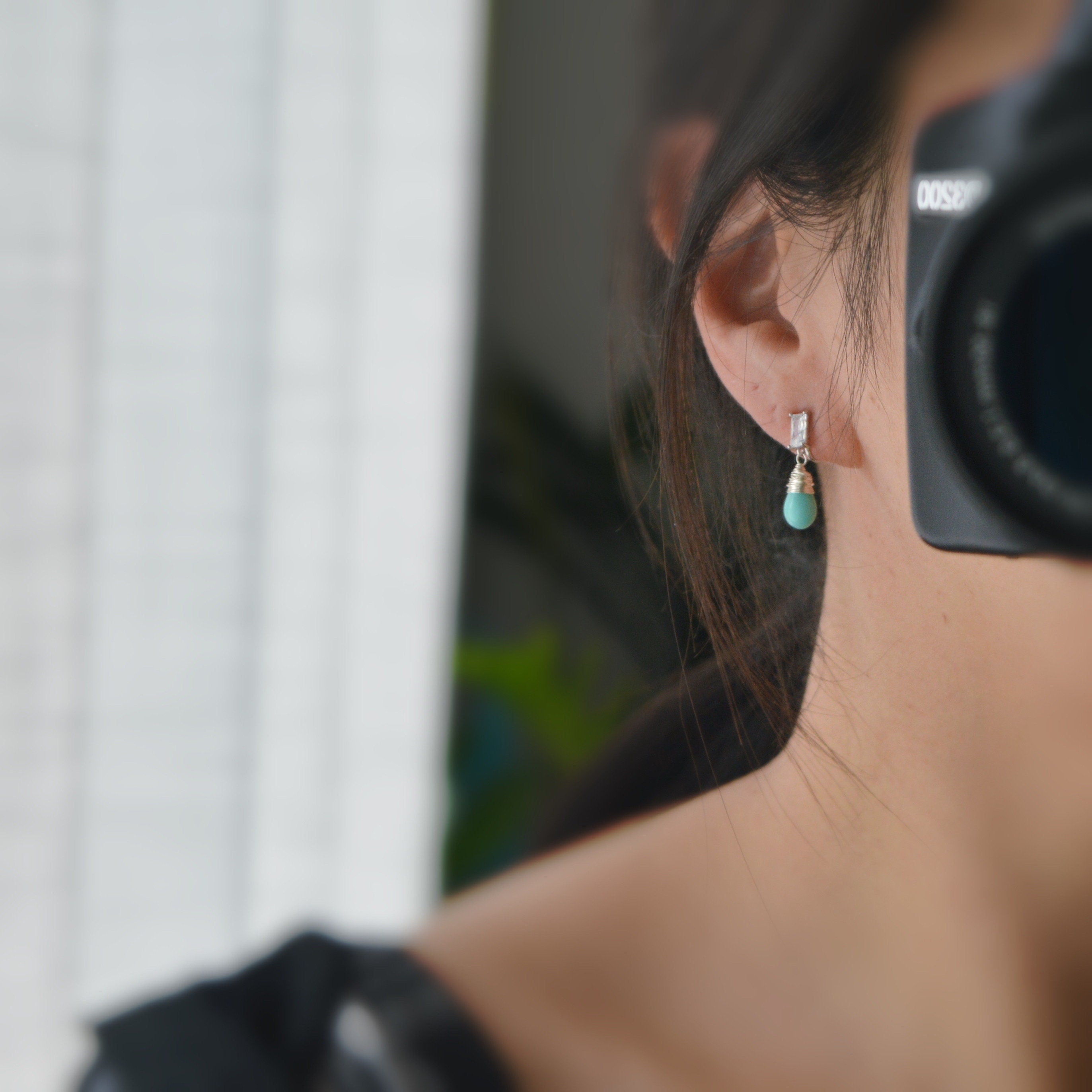 SANS DOULEUR ! Boucles d'oreilles pendantes zircon rectangulaires clips u spirale Argent Perle goutte d’eau turquoise. Clips Délicates
