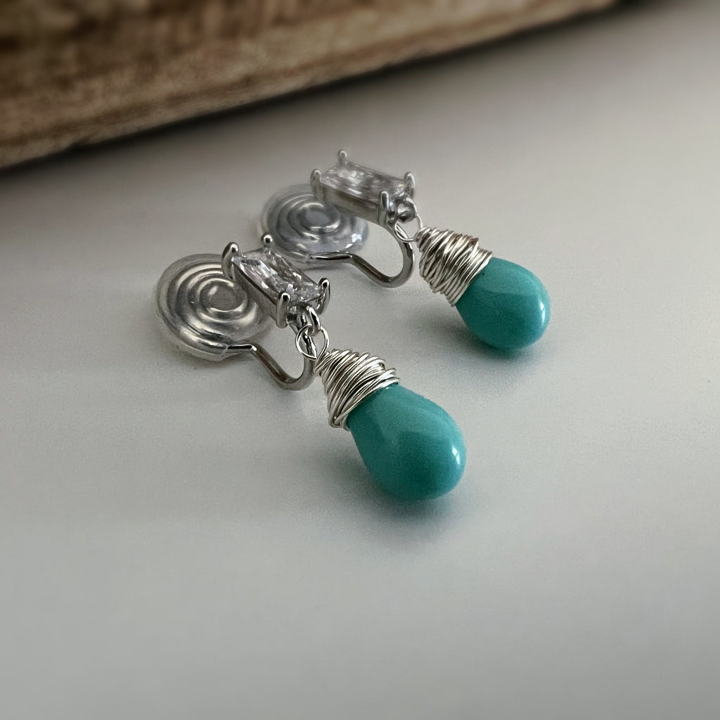 SANS DOULEUR ! Boucles d'oreilles pendantes zircon rectangulaires clips u spirale Argent Perle goutte d’eau turquoise. Clips Délicates