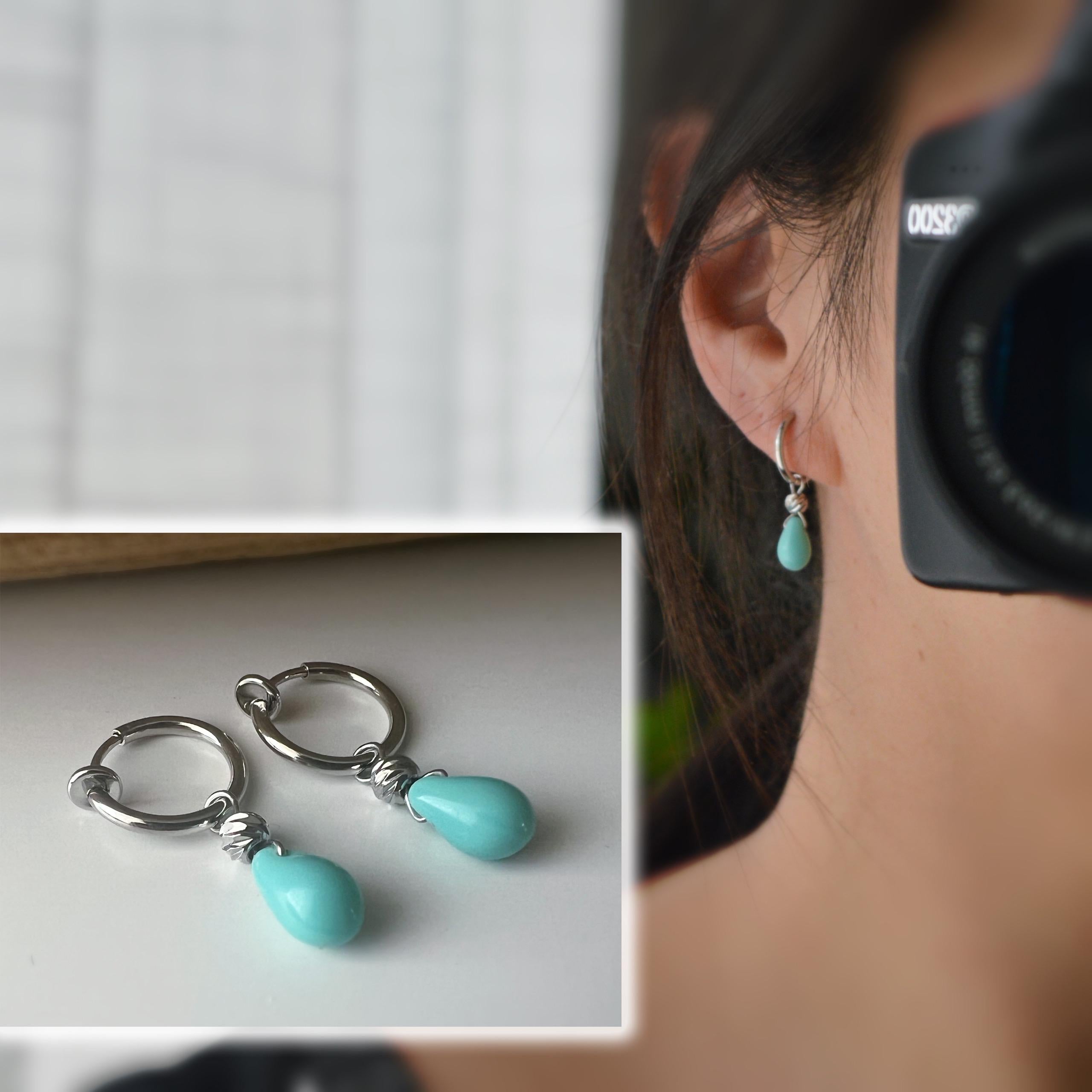 2 en 1 Boucles d'oreilles CLIPS créoles argenté Perle goutte d’eau turquoise perle rond Bijoux quotidien. Clips discret Oreilles NON percées