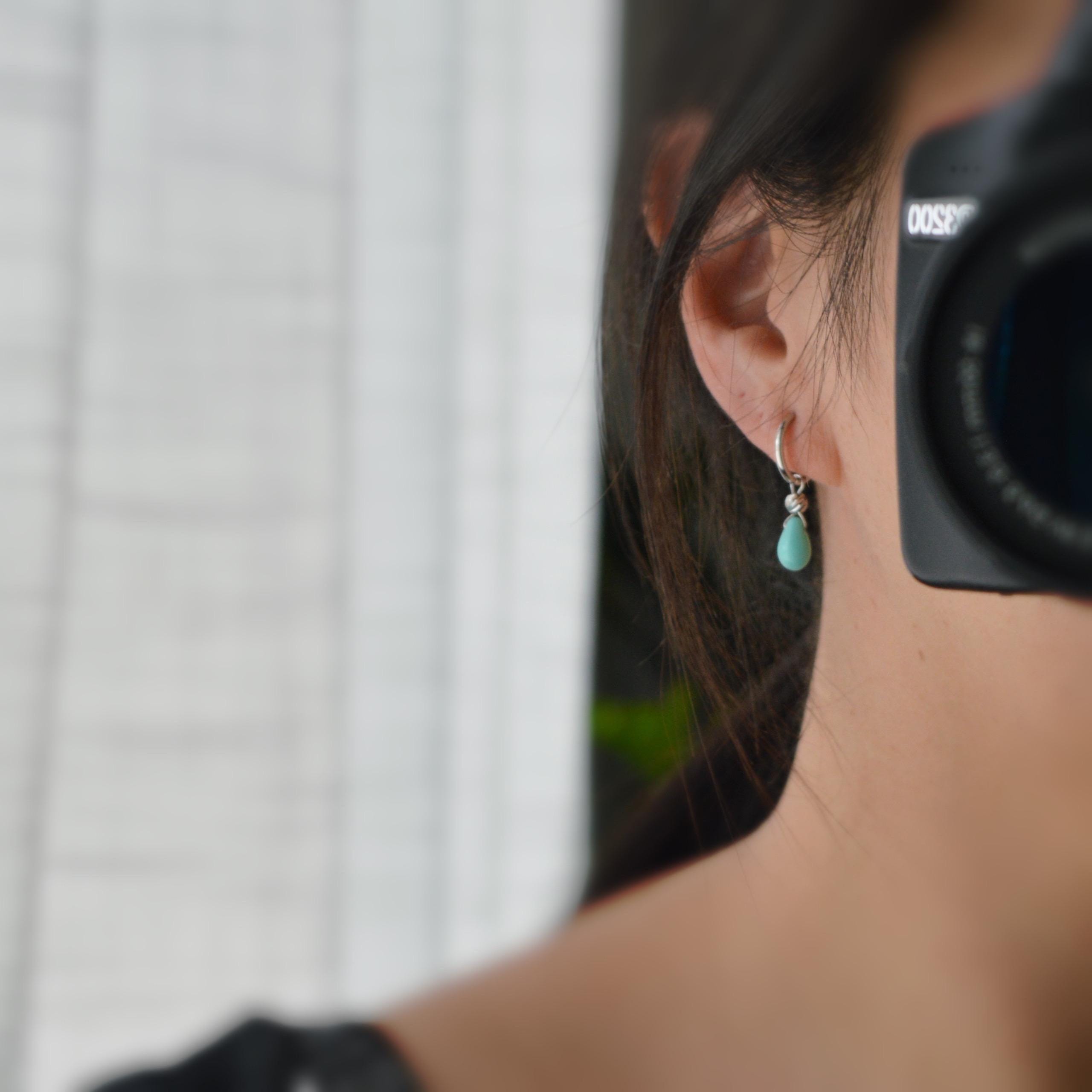 2 en 1 Boucles d'oreilles CLIPS créoles argenté Perle goutte d’eau turquoise perle rond Bijoux quotidien. Clips discret Oreilles NON percées