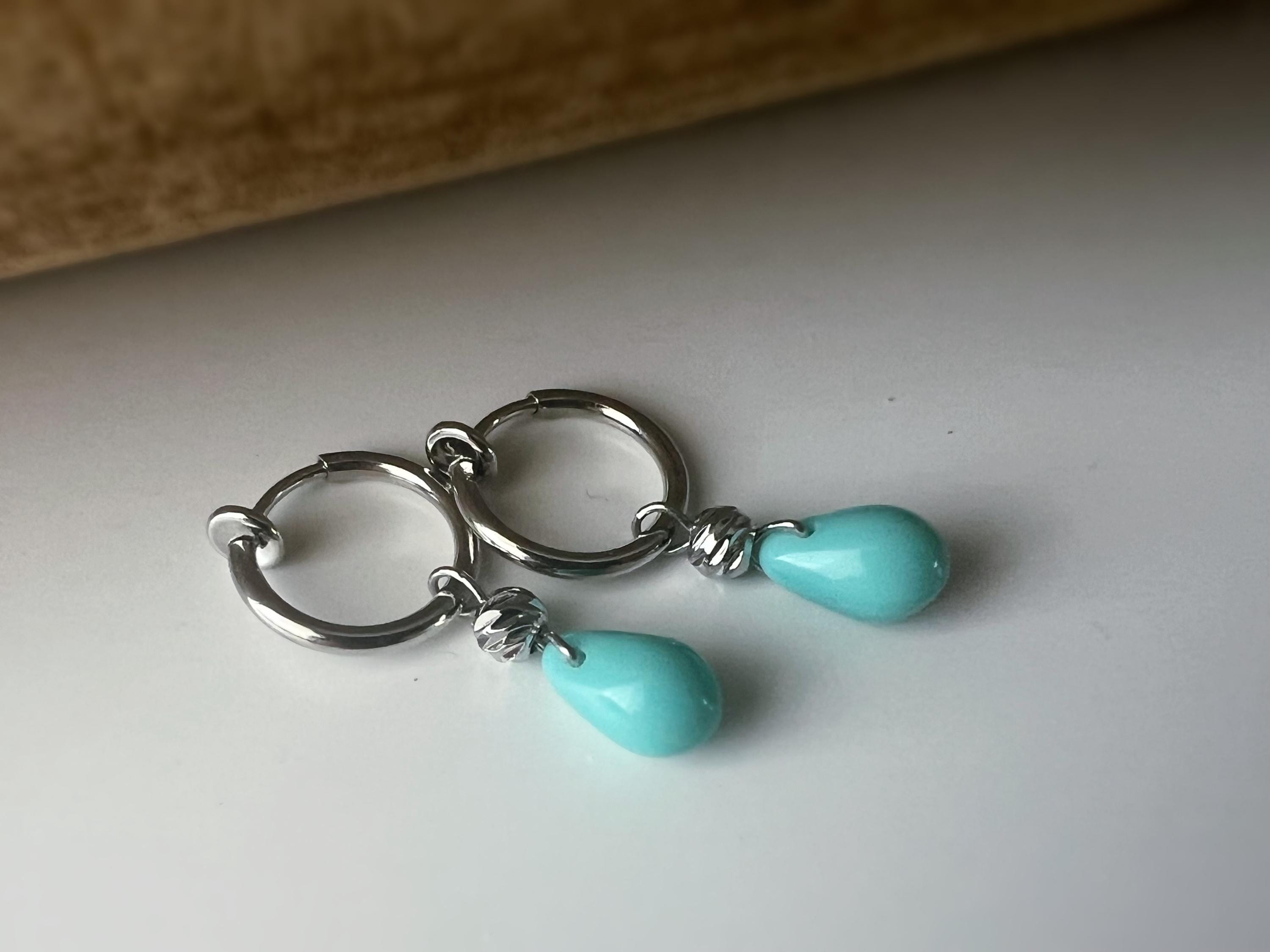 2 en 1 Boucles d'oreilles CLIPS créoles argenté Perle goutte d’eau turquoise perle rond Bijoux quotidien. Clips discret Oreilles NON percées
