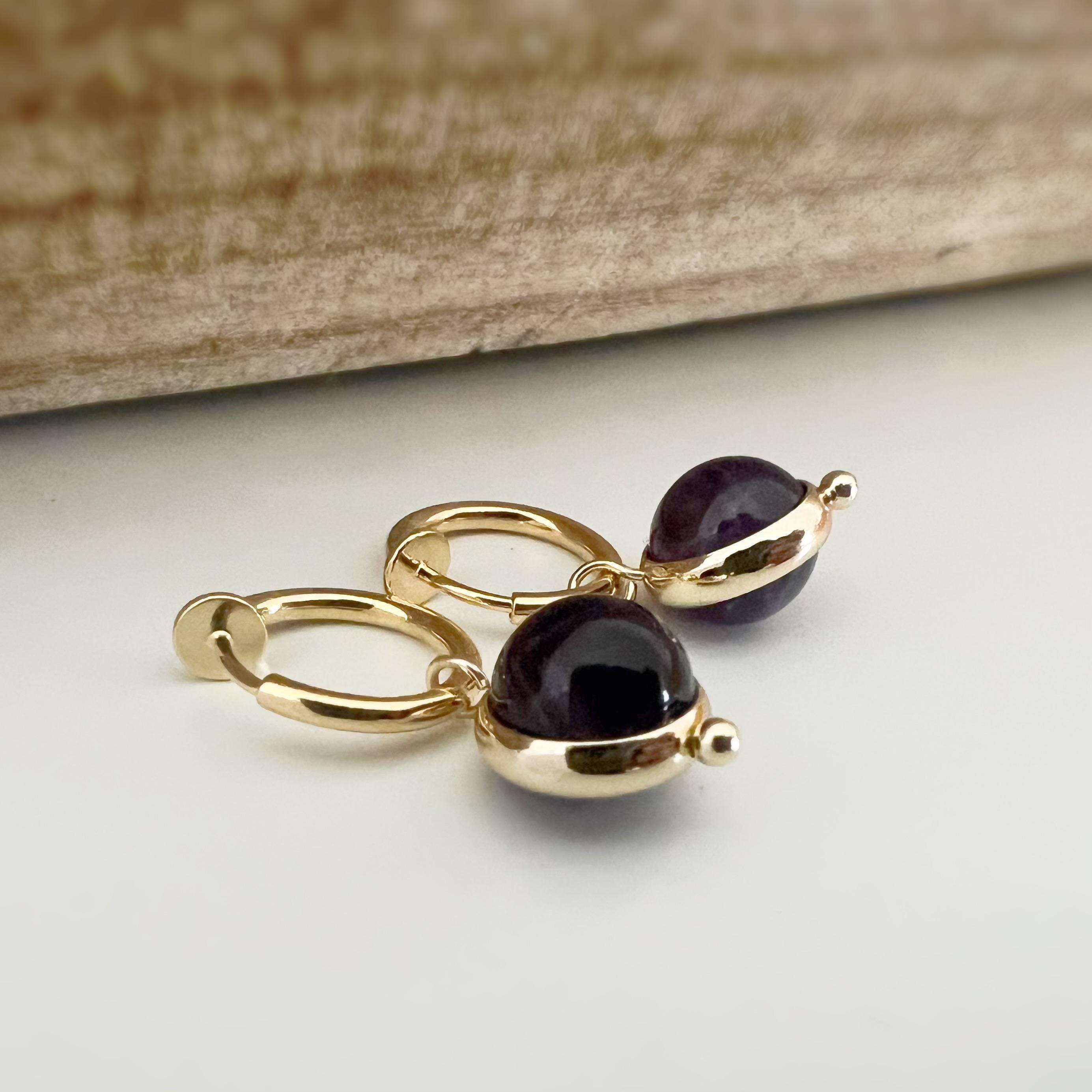 2-EN-1 Boucles d'oreilles CLIPS pendantes anneaux couleur Or perles améthyste violet foncé/ perle calcédoine violet claire Clips créole 13mm