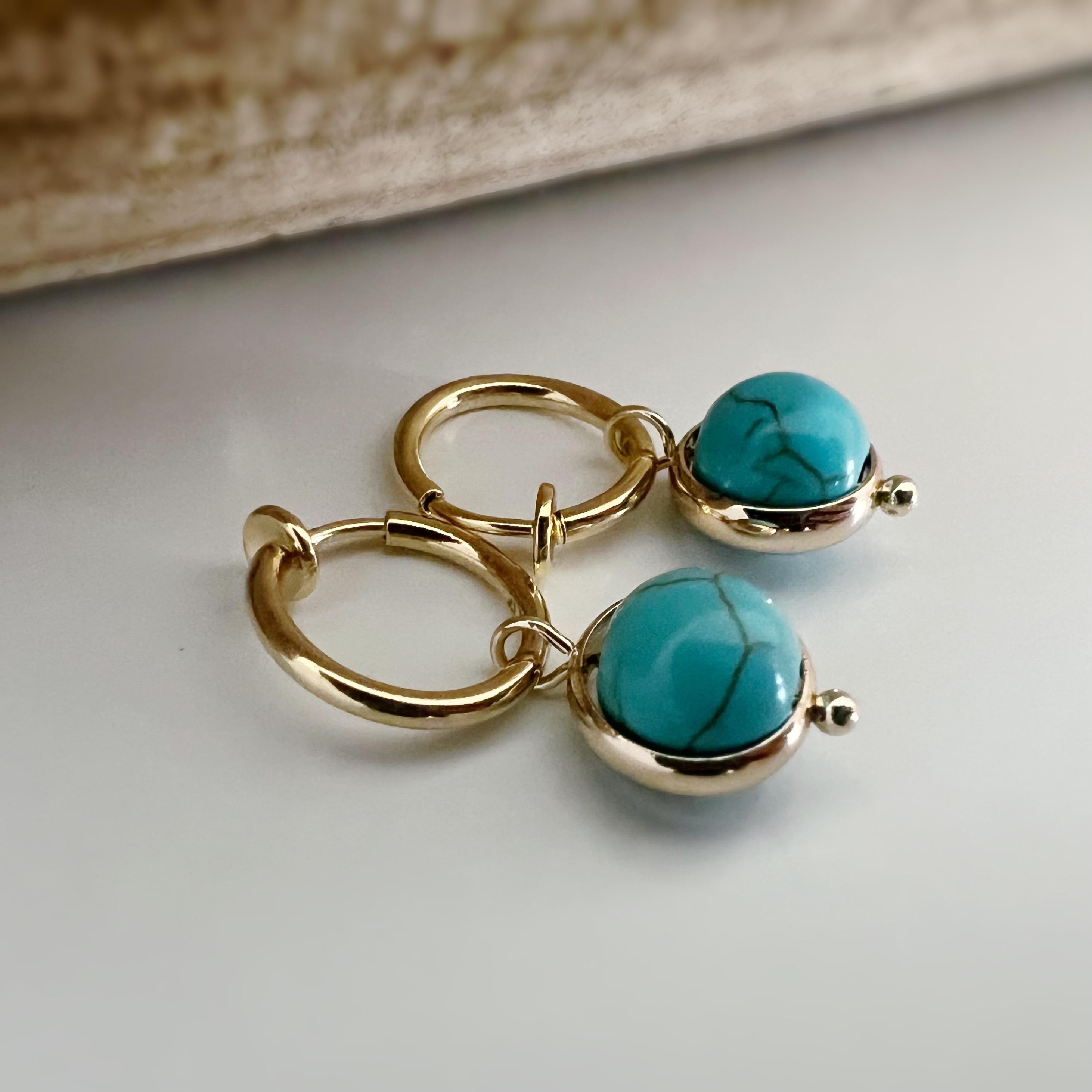 2 en 1 Clips d'oreille CLIPS pendants anneaux Créoles couleur Or perles ronde turquoise bleu. Bijoux quotidien Anneaux 1.3cm