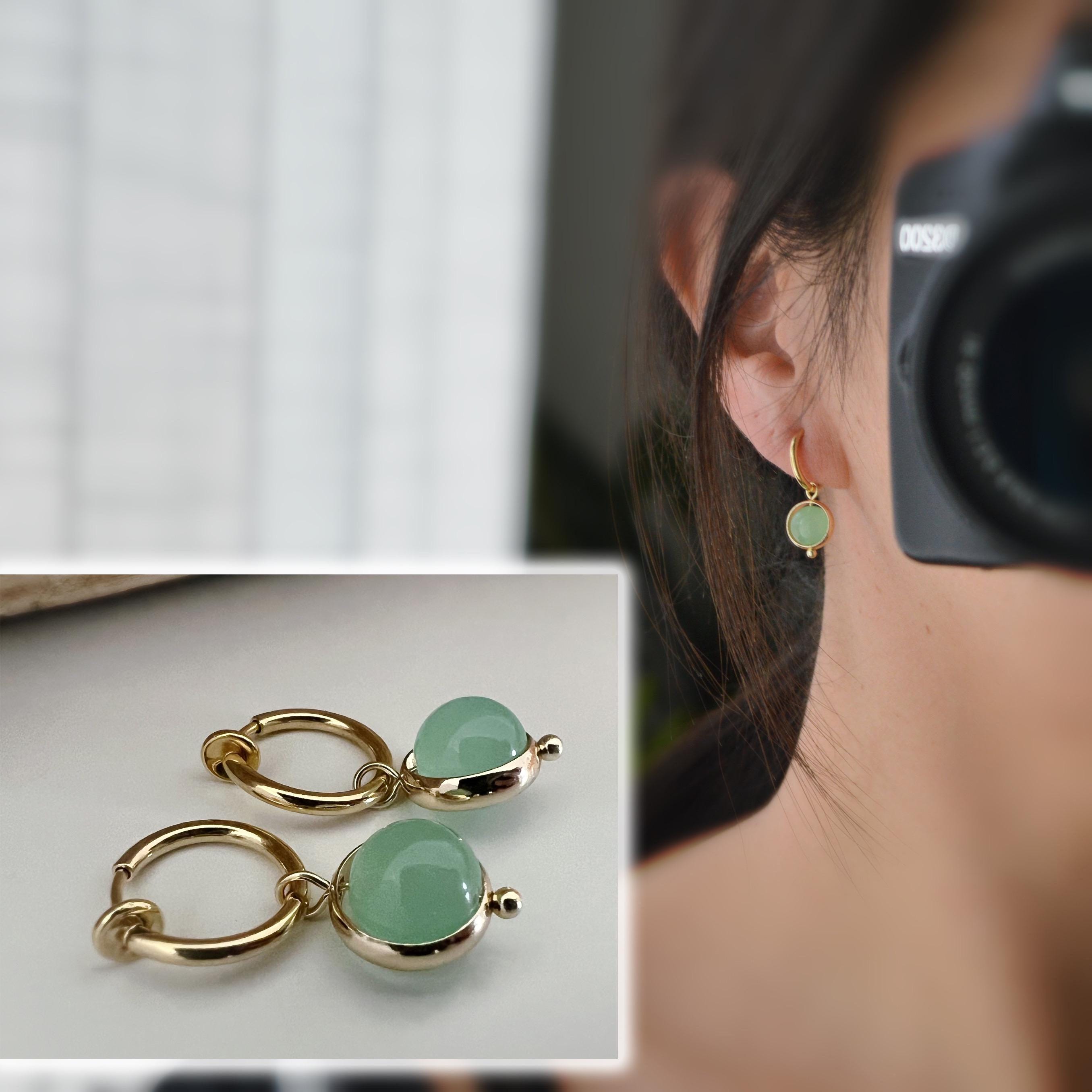 2-EN-1 Boucles d'oreilles CLIPS pendantes anneaux couleur Or perles calcédoine verte/ Orange. Clips créole 13mm oreilles non percées