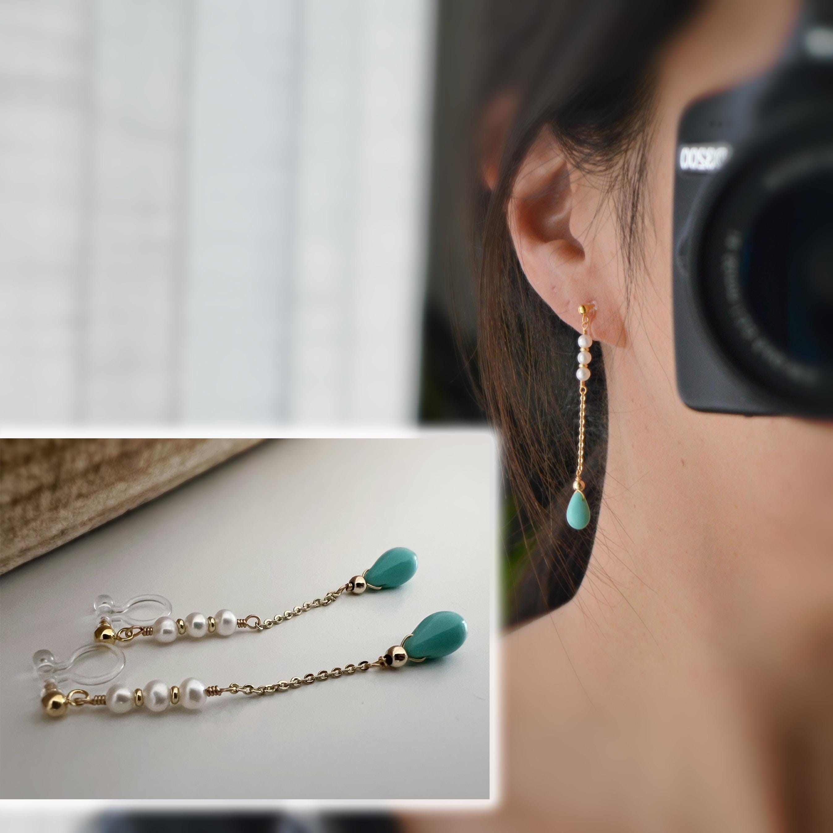 Boucles d'oreilles pendantes CLIPS INVISIBLES couleur Or, Chaîne, Perle goutte d'eau turquoise Perle eau douce blanche, bijoux quotidien.