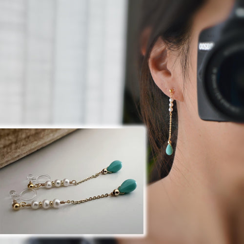 Boucles d'oreilles pendantes CLIPS INVISIBLES couleur Or, Chaîne, Perle goutte d'eau turquoise Perle eau douce blanche, bijoux quotidien.