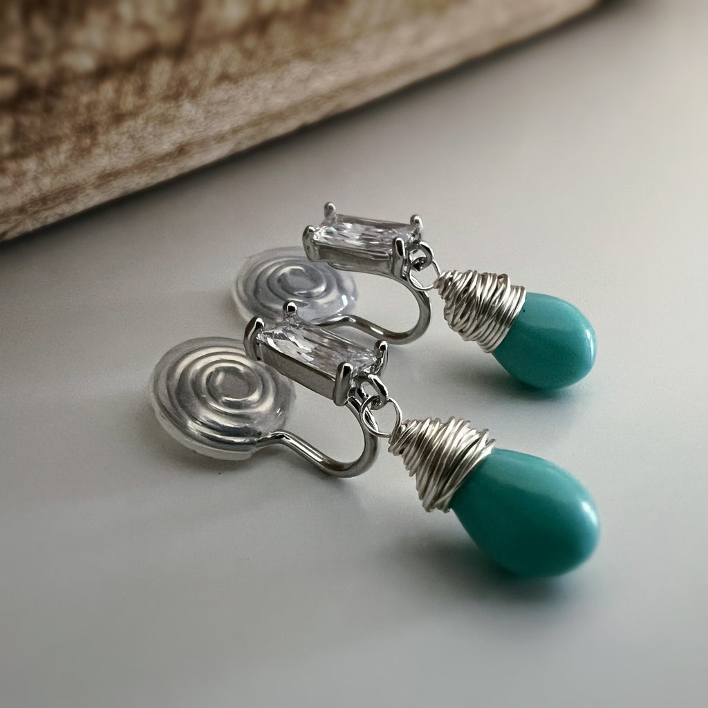 SANS DOULEUR ! Boucles d'oreilles pendantes zircon rectangulaires clips u spirale Argent Perle goutte d’eau turquoise. Clips Délicates