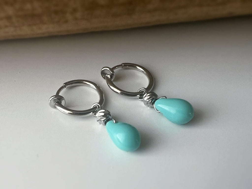 2 en 1 Boucles d'oreilles CLIPS créoles argenté Perle goutte d’eau turquoise perle rond Bijoux quotidien. Clips discret Oreilles NON percées