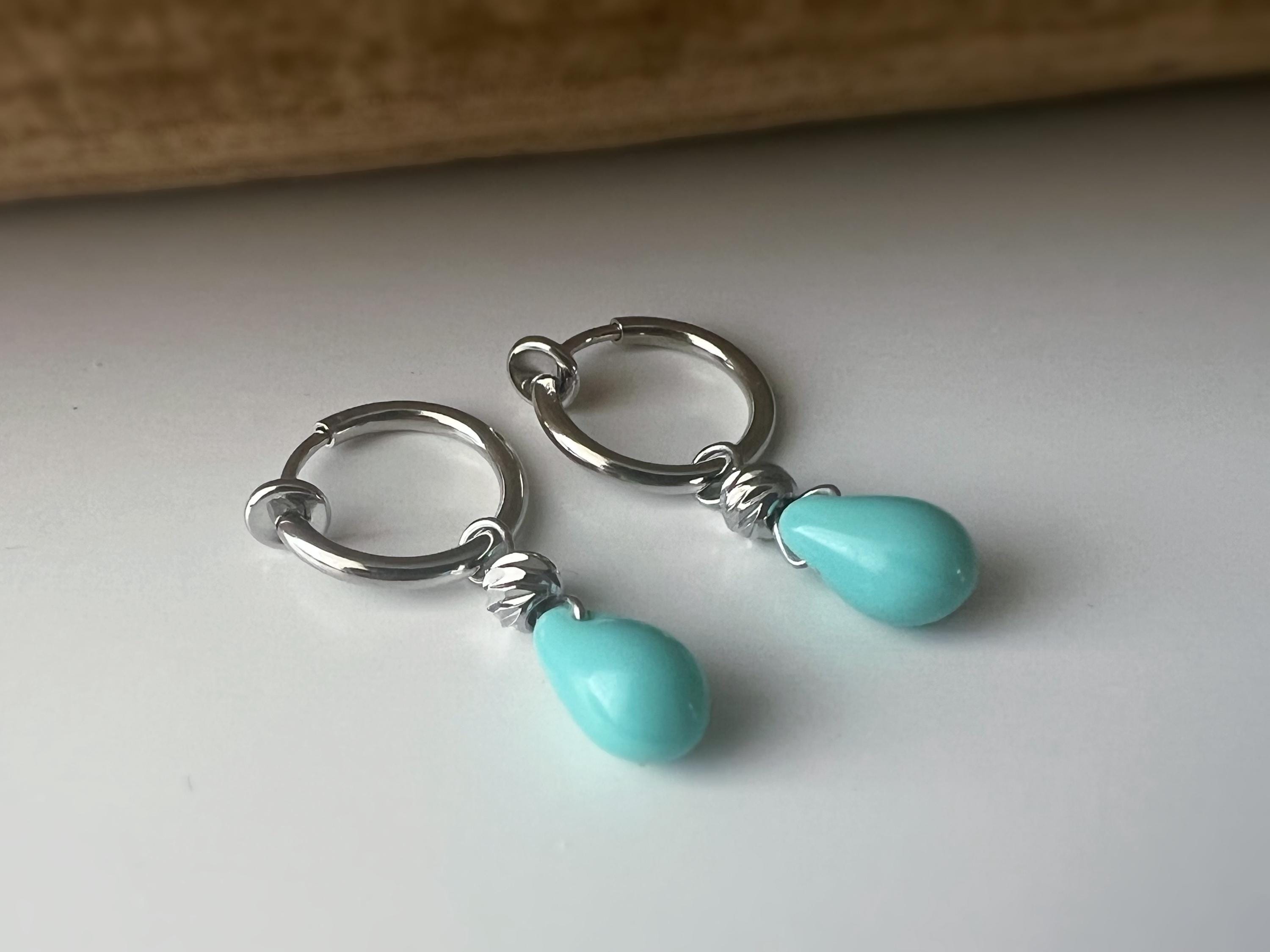 2 en 1 Boucles d'oreilles CLIPS créoles argenté Perle goutte d’eau turquoise perle rond Bijoux quotidien. Clips discret Oreilles NON percées
