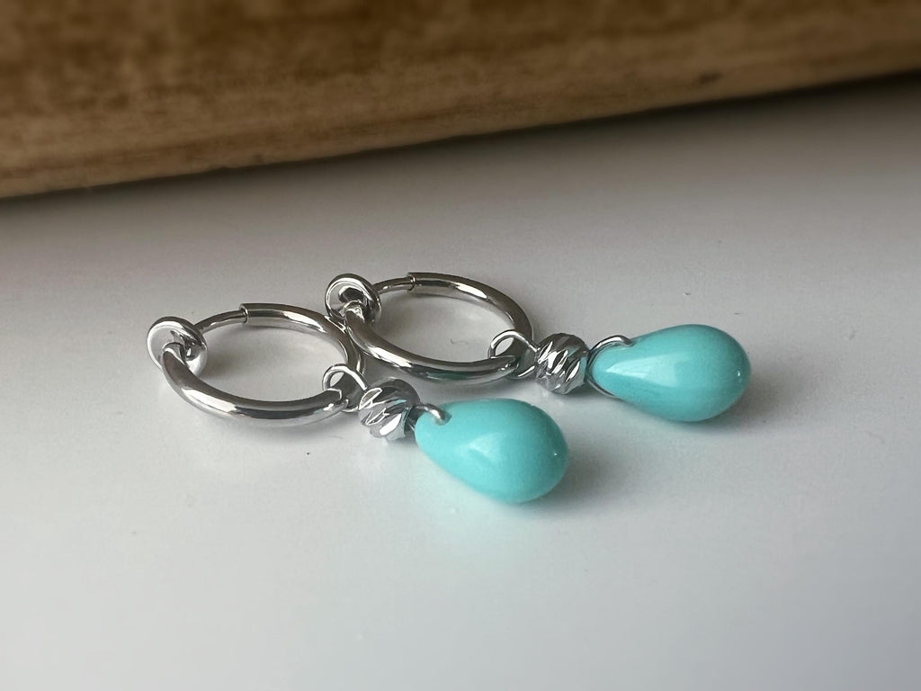 2 en 1 Boucles d'oreilles CLIPS créoles argenté Perle goutte d’eau turquoise perle rond Bijoux quotidien. Clips discret Oreilles NON percées
