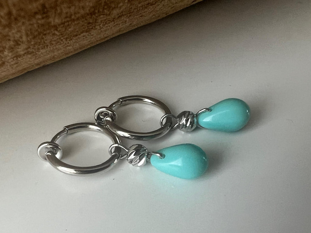 2 en 1 Boucles d'oreilles CLIPS créoles argenté Perle goutte d’eau turquoise perle rond Bijoux quotidien. Clips discret Oreilles NON percées