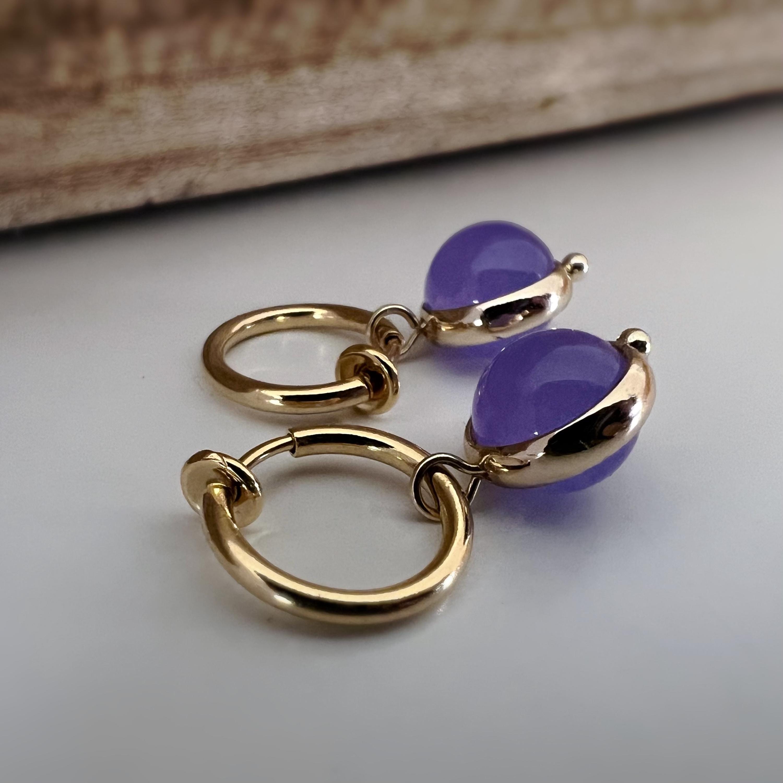 2-EN-1 Boucles d'oreilles CLIPS pendantes anneaux couleur Or perles améthyste violet foncé/ perle calcédoine violet claire Clips créole 13mm