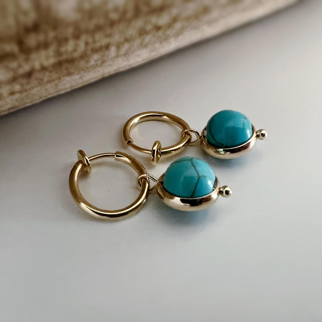 2 en 1 Clips d'oreille CLIPS pendants anneaux Créoles couleur Or perles ronde turquoise bleu. Bijoux quotidien Anneaux 1.3cm