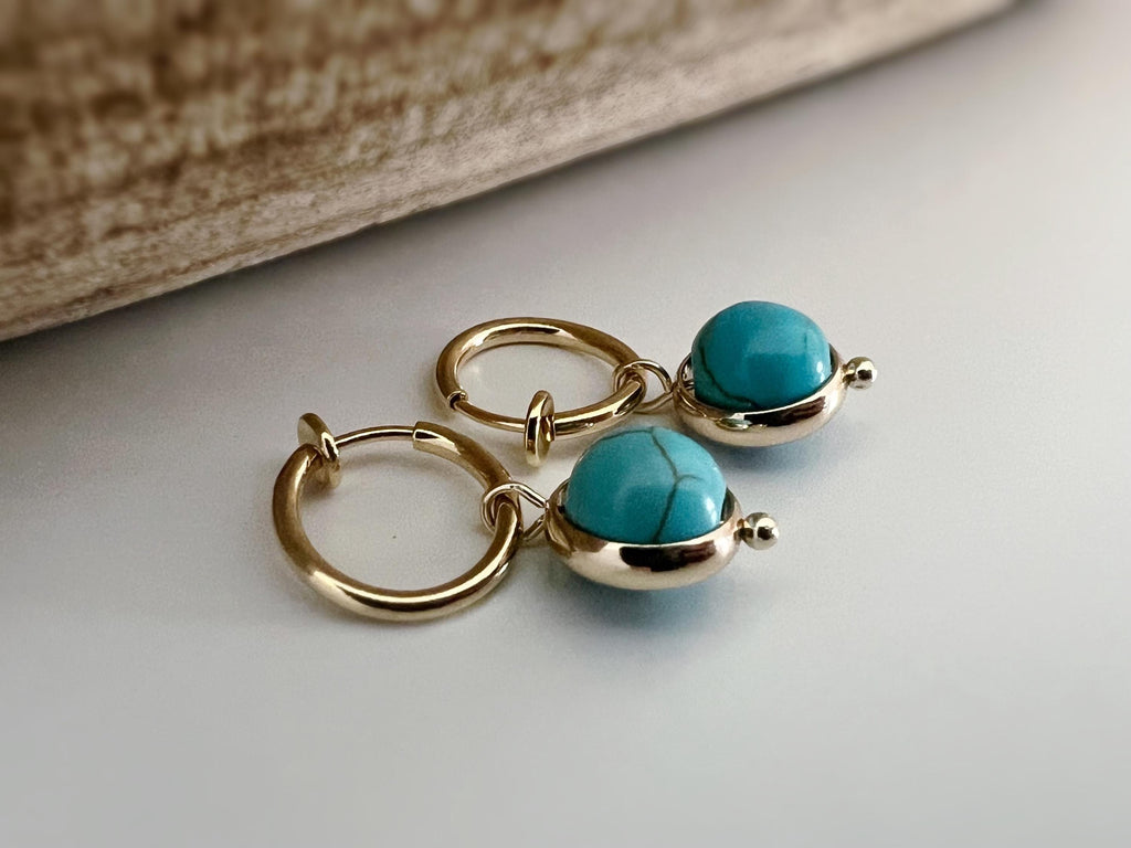2 en 1 Clips d'oreille CLIPS pendants anneaux Créoles couleur Or perles ronde turquoise bleu. Bijoux quotidien Anneaux 1.3cm