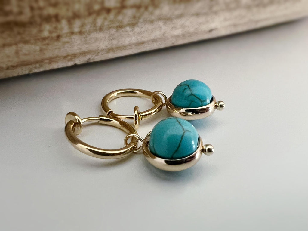 2 en 1 Clips d'oreille CLIPS pendants anneaux Créoles couleur Or perles ronde turquoise bleu. Bijoux quotidien Anneaux 1.3cm