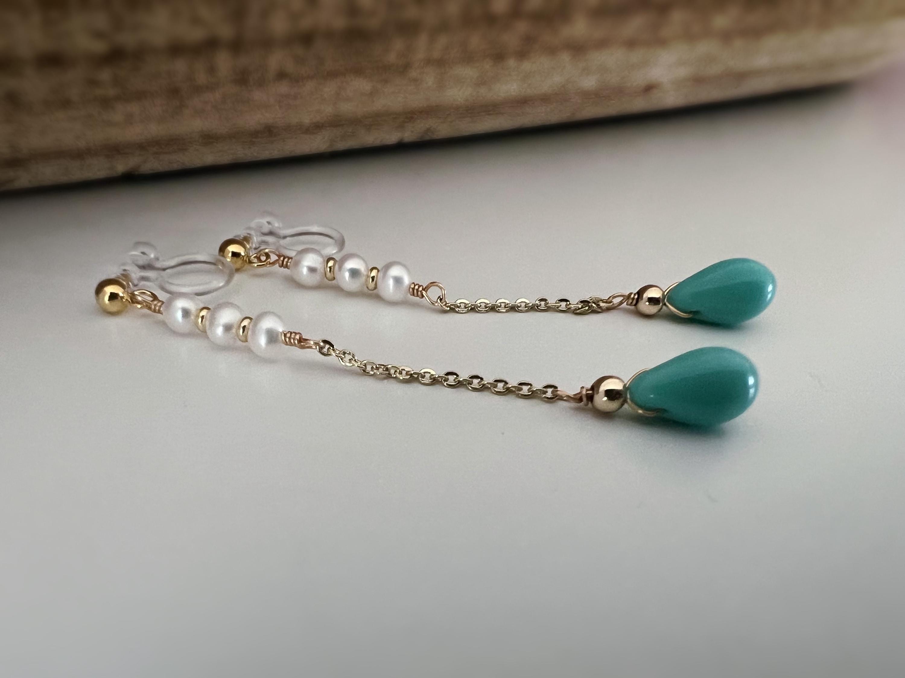 Boucles d'oreilles pendantes CLIPS INVISIBLES couleur Or, Chaîne, Perle goutte d'eau turquoise Perle eau douce blanche, bijoux quotidien.