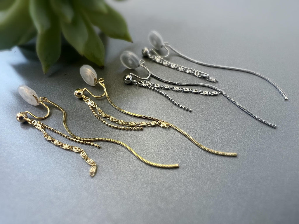SANS DOULEUR ! Longues Boucles d'oreilles pendantes CLIPS U spirale Chaînes tassel Or /Argent Clips d'oreilles confortable Boucles Délicates