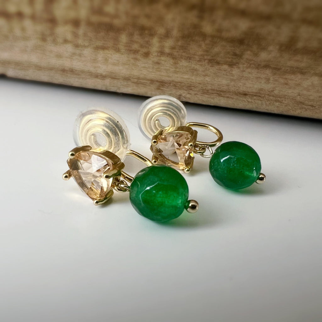 SANS DOULEUR ! Boucles d'oreilles CLIPS U spirale pendantes triangulaire zircon couleur champagne café marron Perle Pierre facette verte.