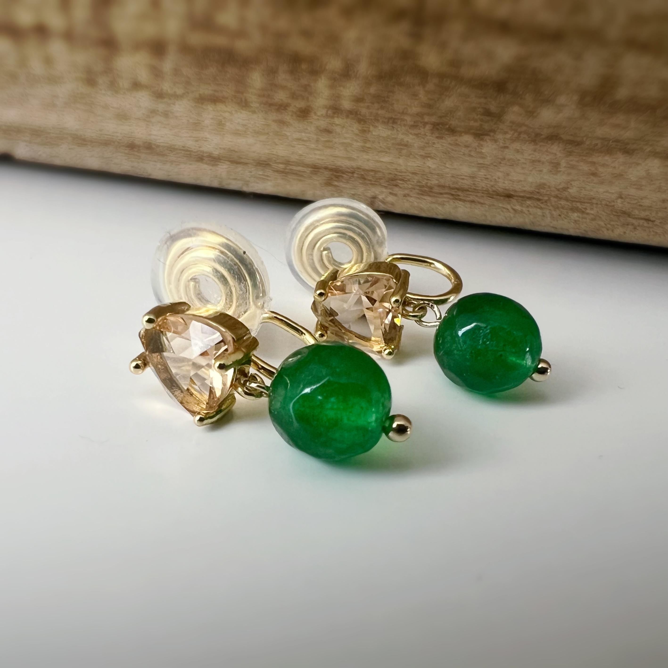 SANS DOULEUR ! Boucles d'oreilles CLIPS U spirale pendantes triangulaire zircon couleur champagne café marron Perle Pierre facette verte.