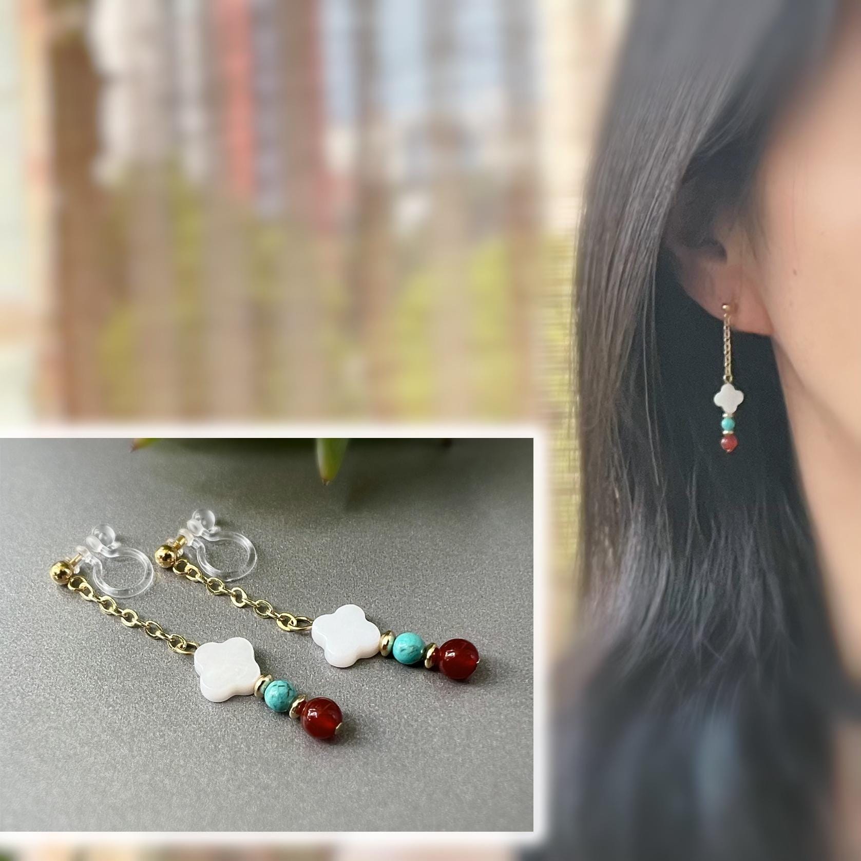 Boucles d'oreilles Clips INVISIBLES pendantes chaîne Perles turquoise disque or agate rouge trèfle 4 feuilles nacre blanc. Clips confortable