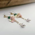 Boucles d'oreilles Clips INVISIBLES pendantes Chaîne or, Mini Perles facettes vert. Double fleurs rose saumon blanc crème Perle d'eau douce