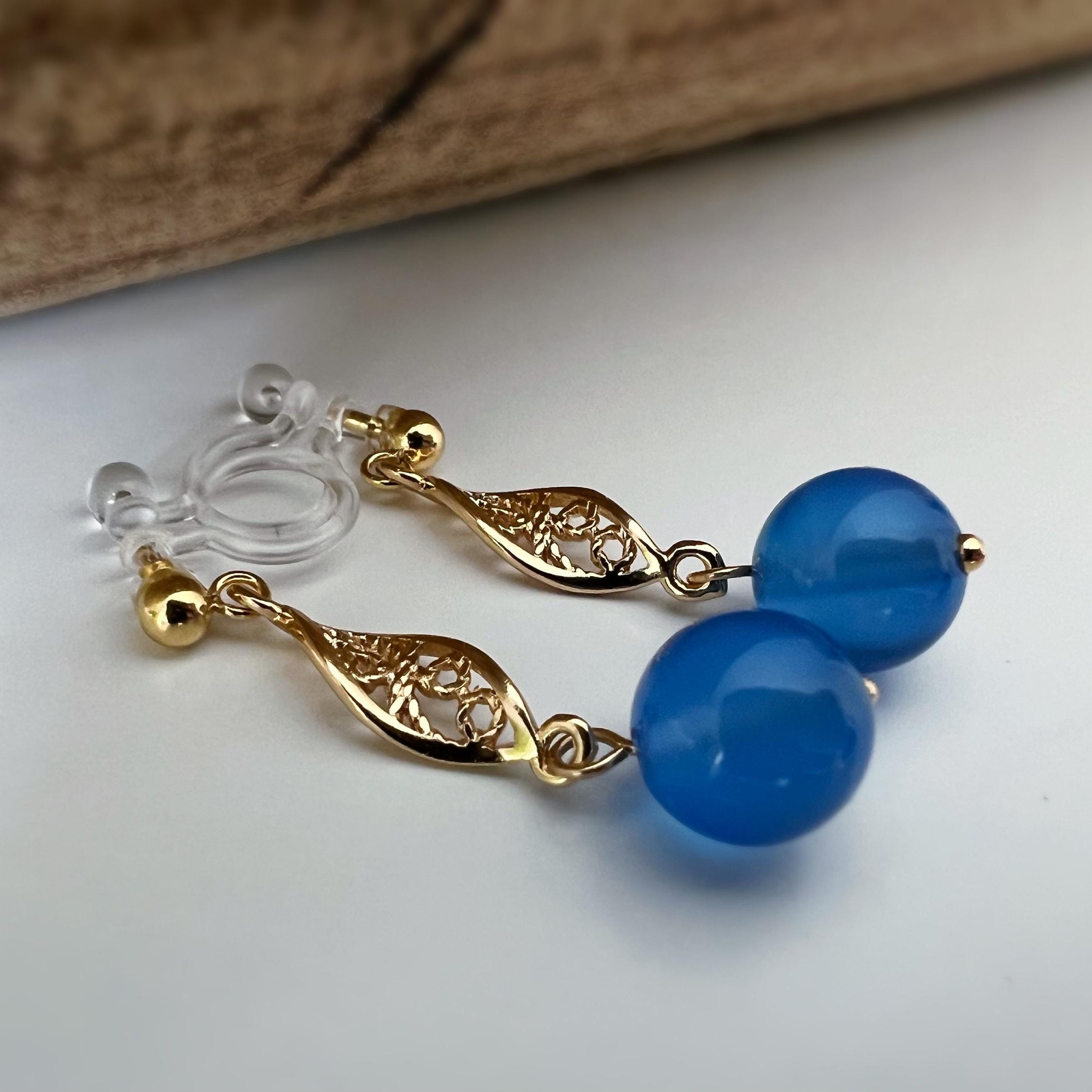 INVISIBLE Clip Earrings, Gold Ear Clips Hollow almond-shaped sculpture with blue pearl Daily jewelry. Ready to gift.