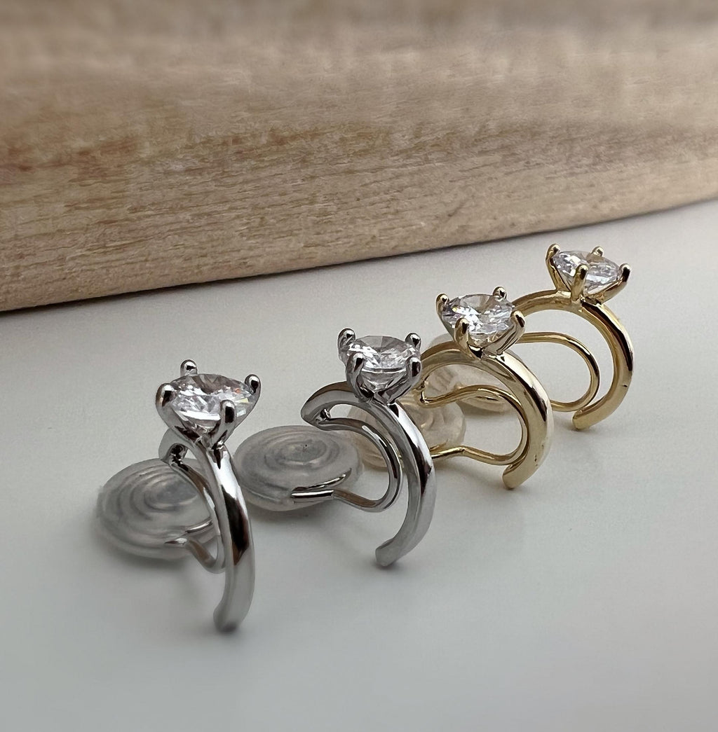 SANS DOULEUR ! Boucles d'oreilles CLIPS U spirale Demi-cercle Pierre Zircon Rond plaqué d'Or. Clips d'oreilles confortable Prêt à offrir