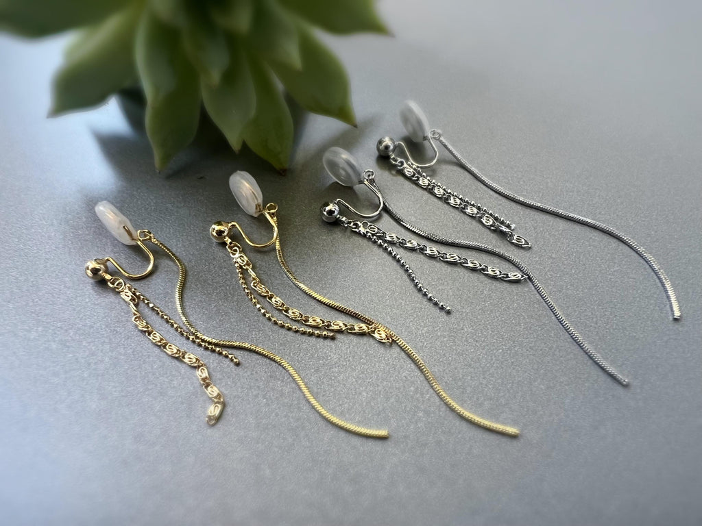SANS DOULEUR ! Longues Boucles d'oreilles pendantes CLIPS U spirale Chaînes tassel Or /Argent Clips d'oreilles confortable Boucles Délicates