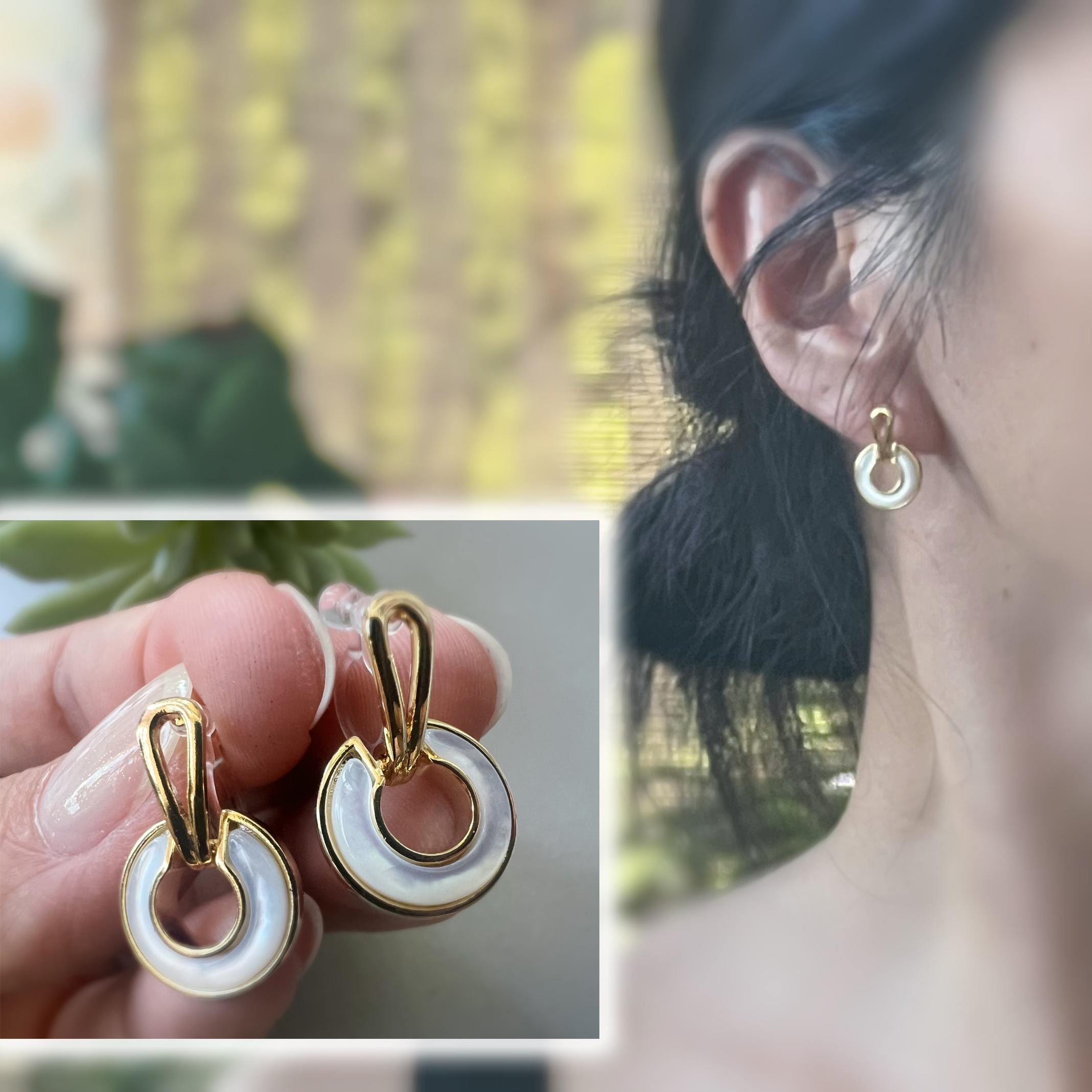 Boucles d'oreilles Clips INVISIBLES Cercle nacre blanche couleur Or, Clips d'oreilles confortable bijoux quotidien.