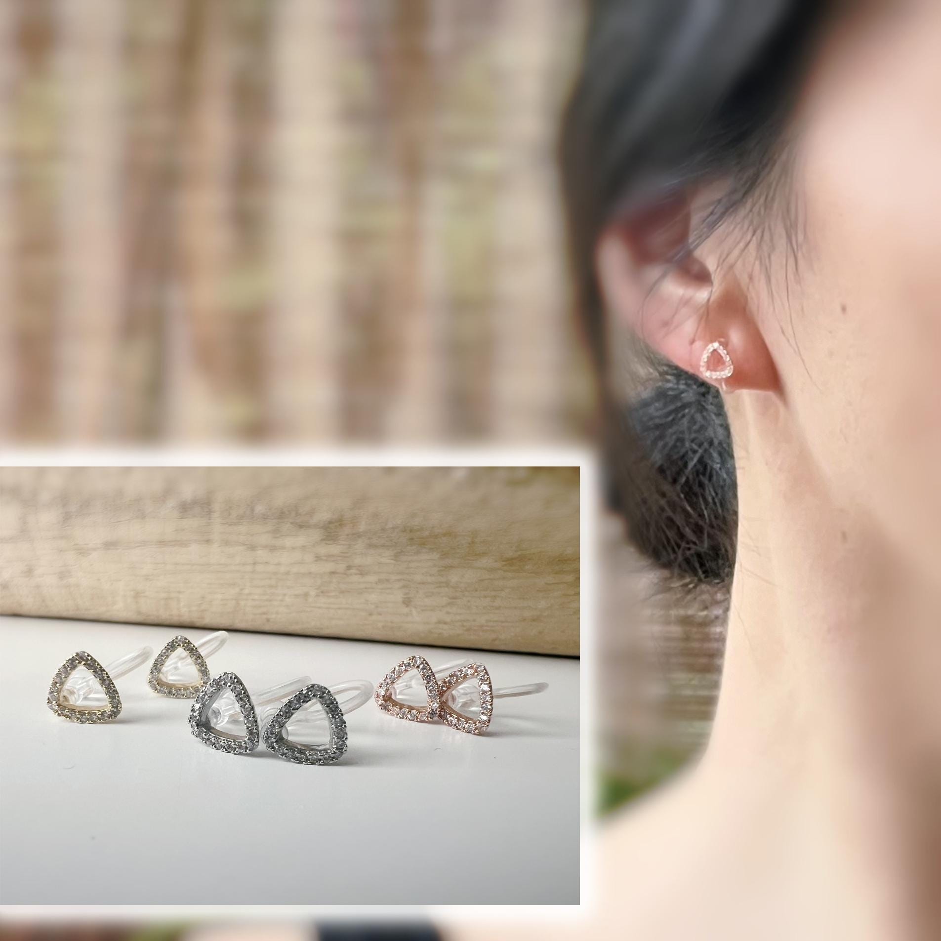 Mini CLIPS d'oreilles invisibles Mini Triangle Zircon Or /Argent /Or rose. Boucles d'oreilles clips confortable délicat minimaliste