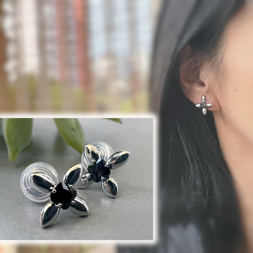 SANS DOULEUR ! Boucles d'oreilles CLIPS U spirale Fleur Croix Argent Zircon carré noirs. Clips d'oreilles confortable Boucles Délicates