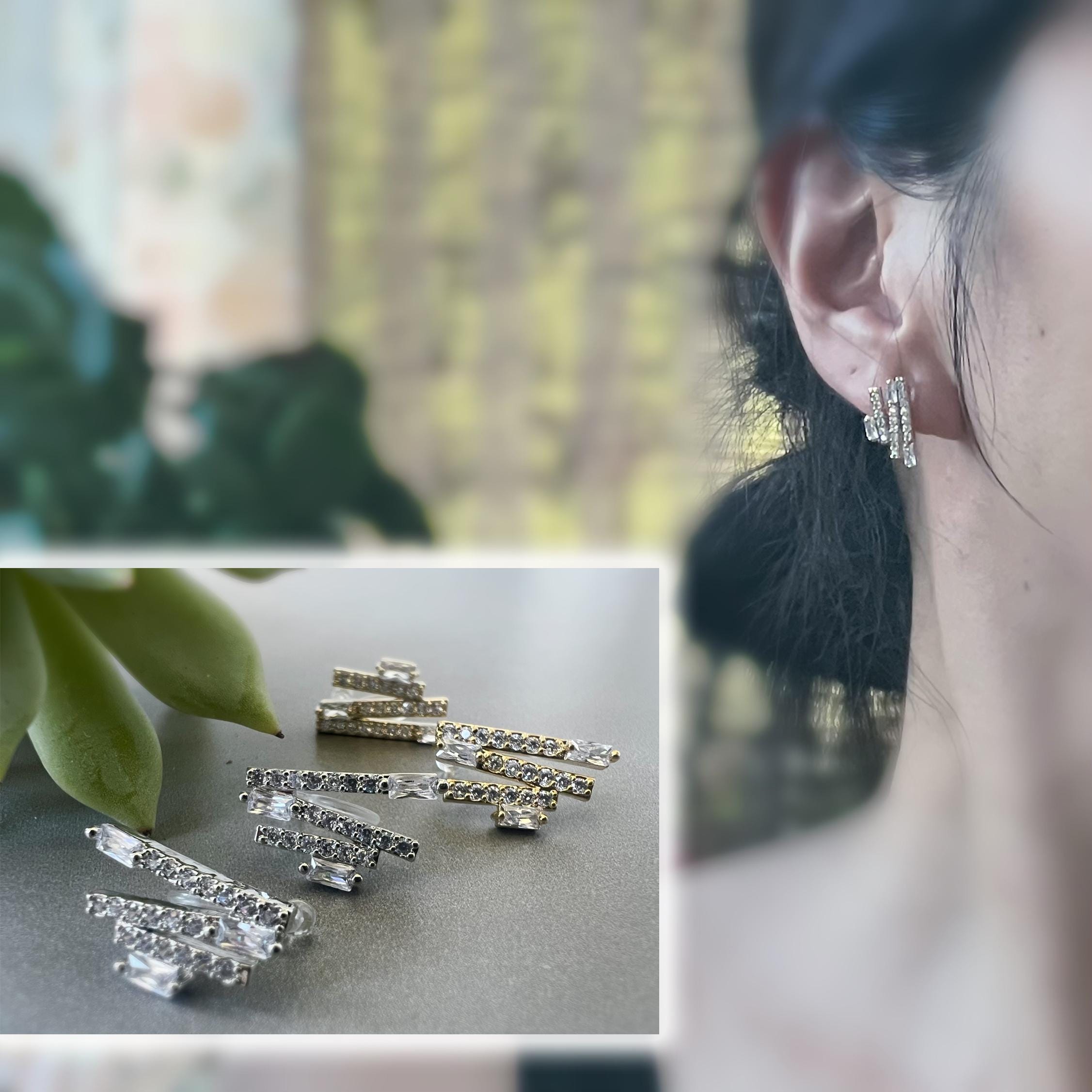 Clips d'oreilles Barre zircon rectangle couleur Or/ Argent. Boucles d'oreilles Clips Invisibles Moderne.