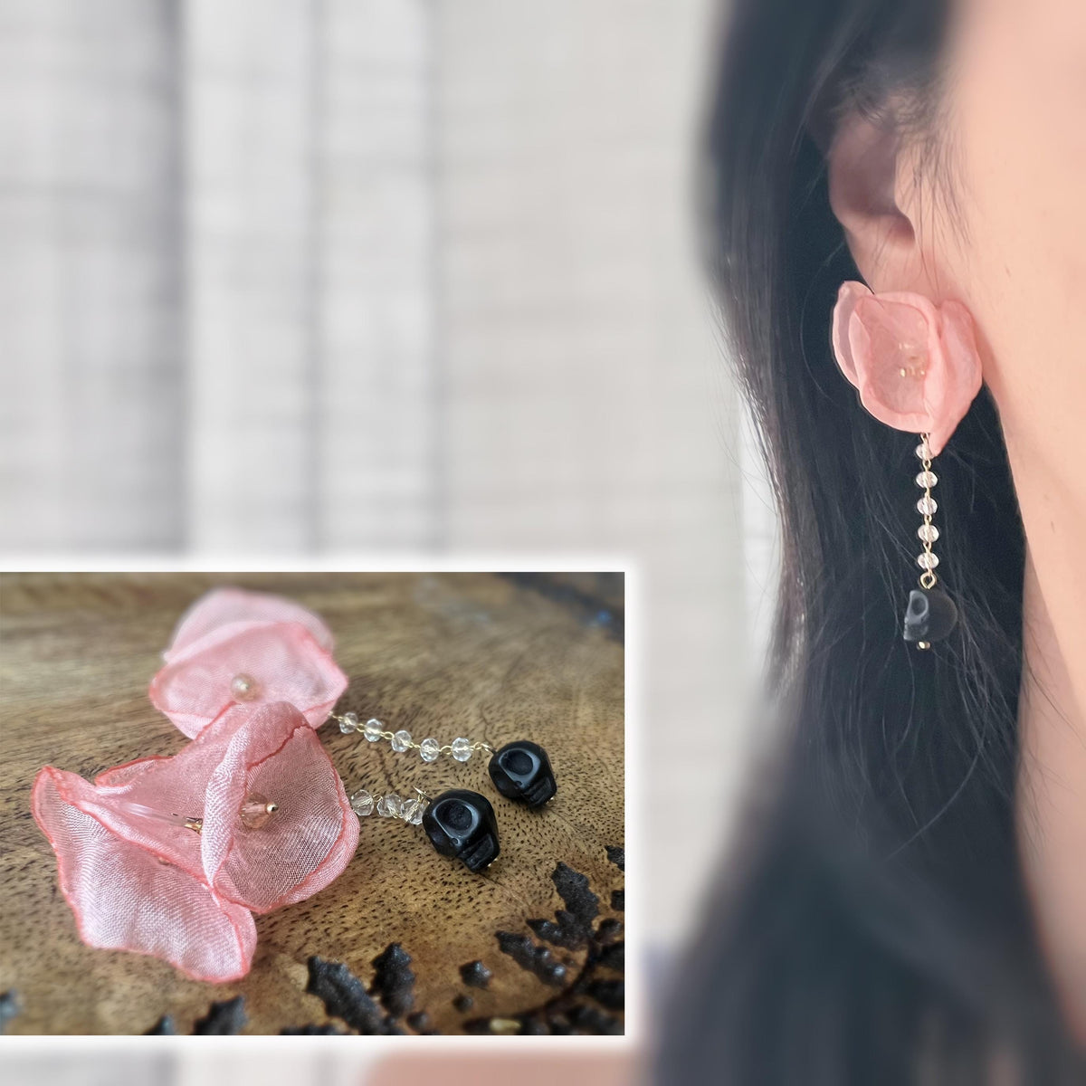 Halloween Boucles d'oreilles Clips pendantes, Grande fleurs rose saumon, chaîne perle facette Tête de mort noir. clips oreilles non percées