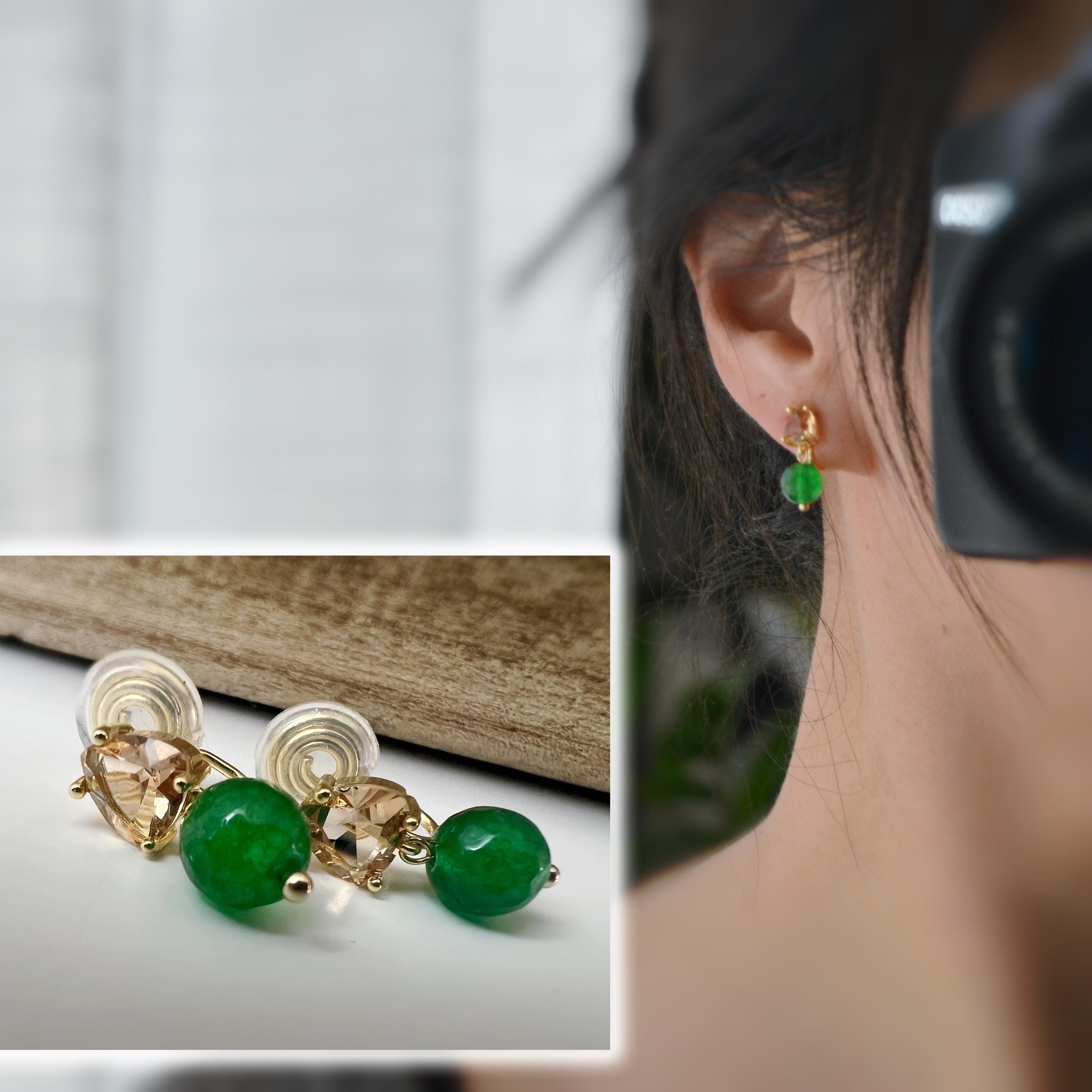 SANS DOULEUR ! Boucles d'oreilles CLIPS U spirale pendantes triangulaire zircon couleur champagne café marron Perle Pierre facette verte.