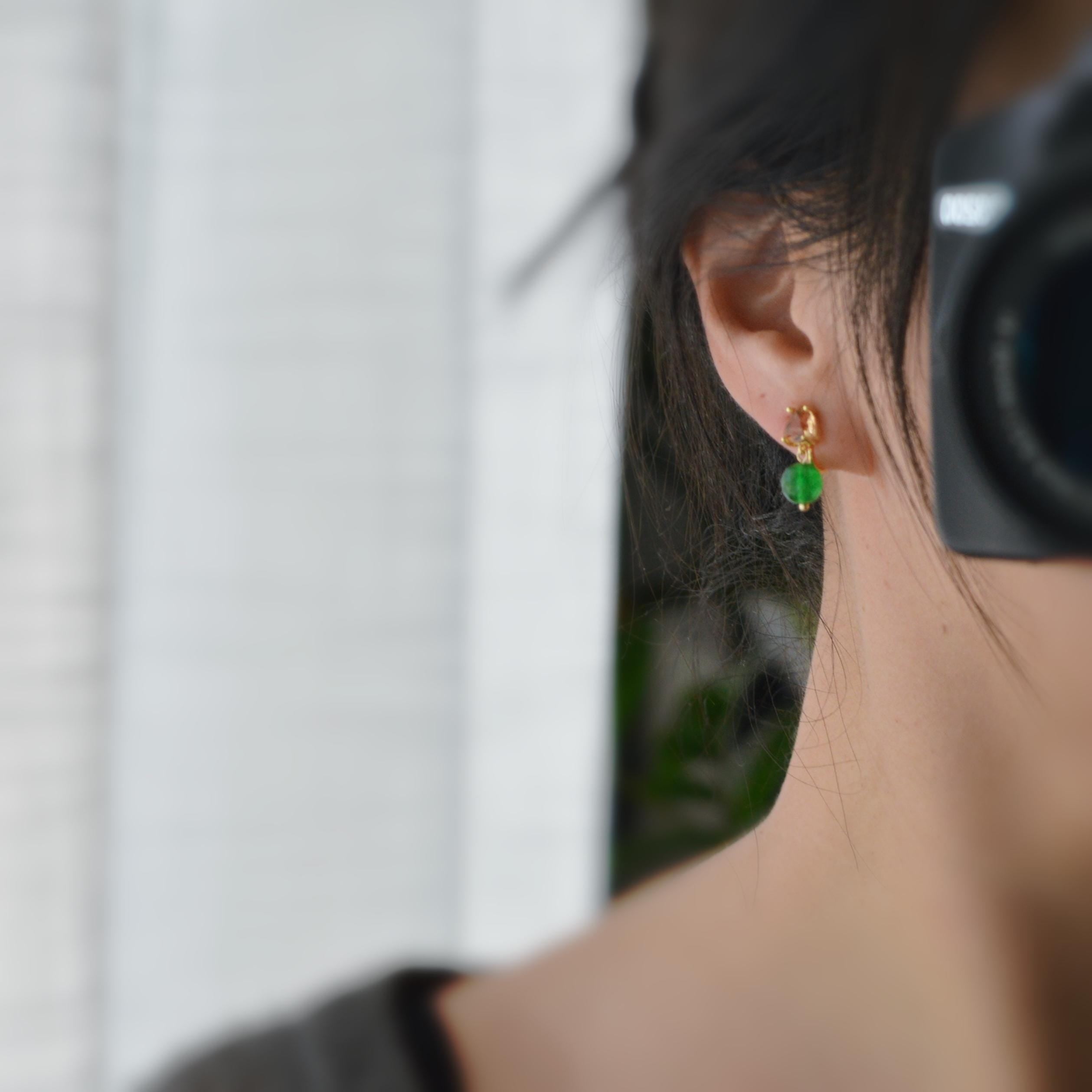 SANS DOULEUR ! Boucles d'oreilles CLIPS U spirale pendantes triangulaire zircon couleur champagne café marron Perle Pierre facette verte.