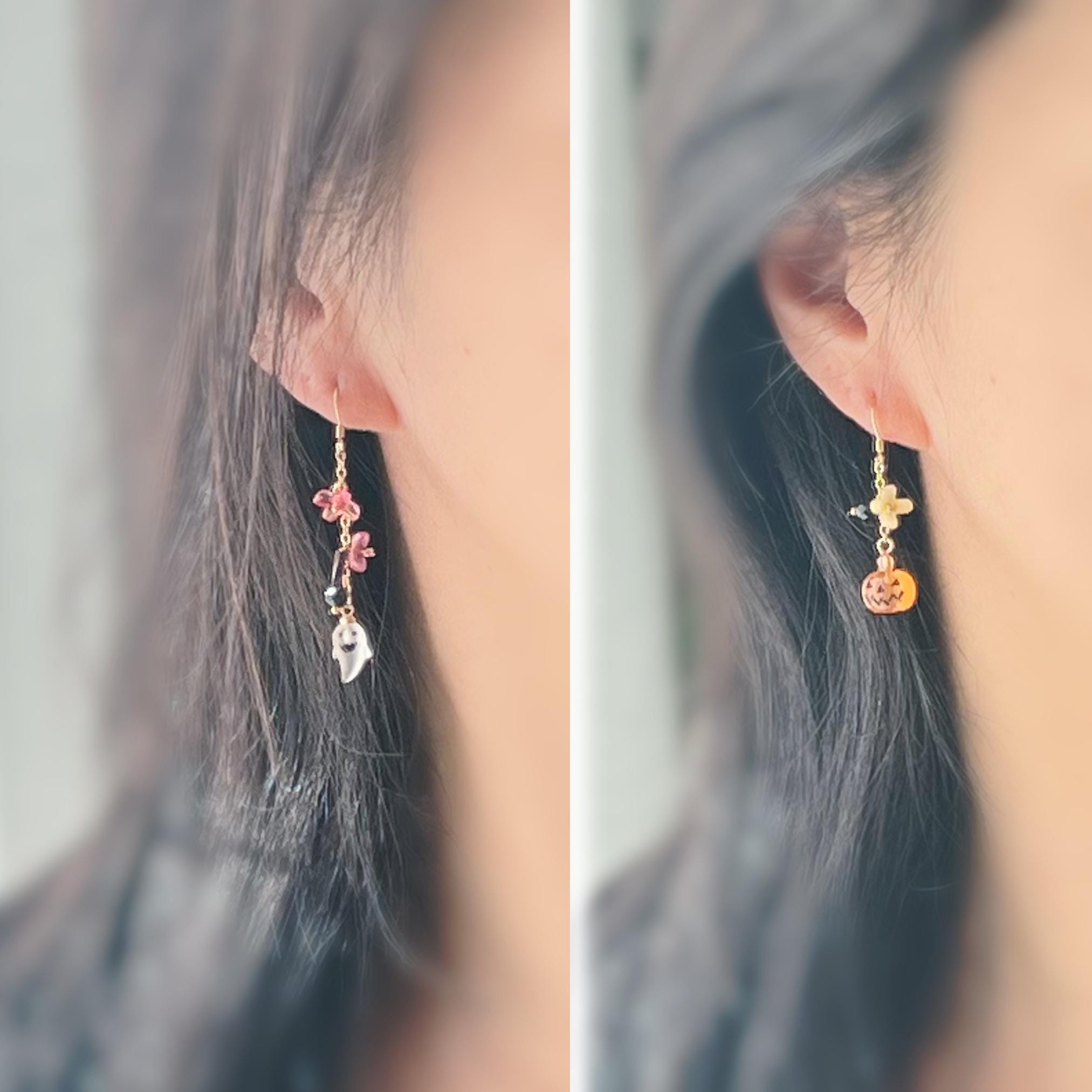 Halloween Boucles d'oreilles Clips ou Crochet pendantes, petit fantôme, citrouille, Mini fleurs Rose Jaune, Perle facette agate noire.