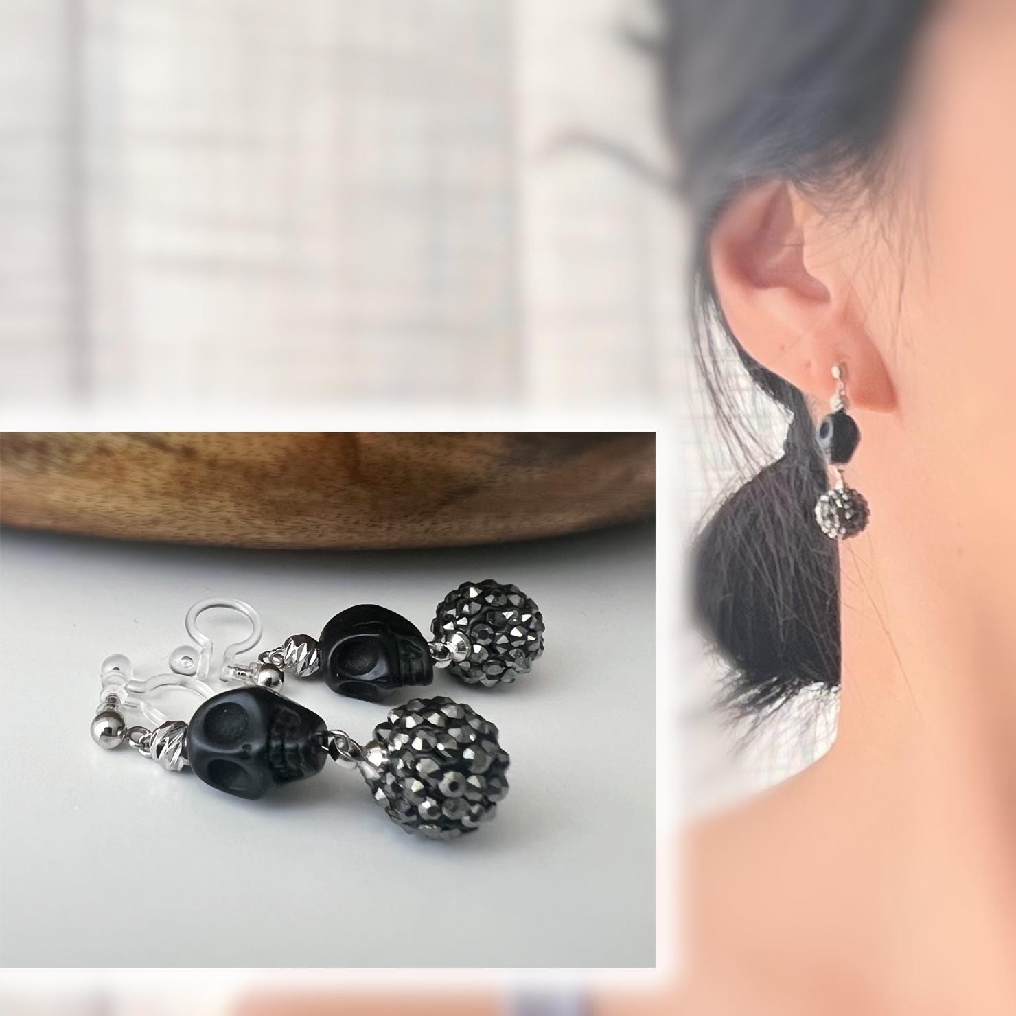 Halloween Boucles d'oreilles Clips pendantes mini Perle sculptée Grande Perle Shambala noire métallisée Tête de mort noir style punk.
