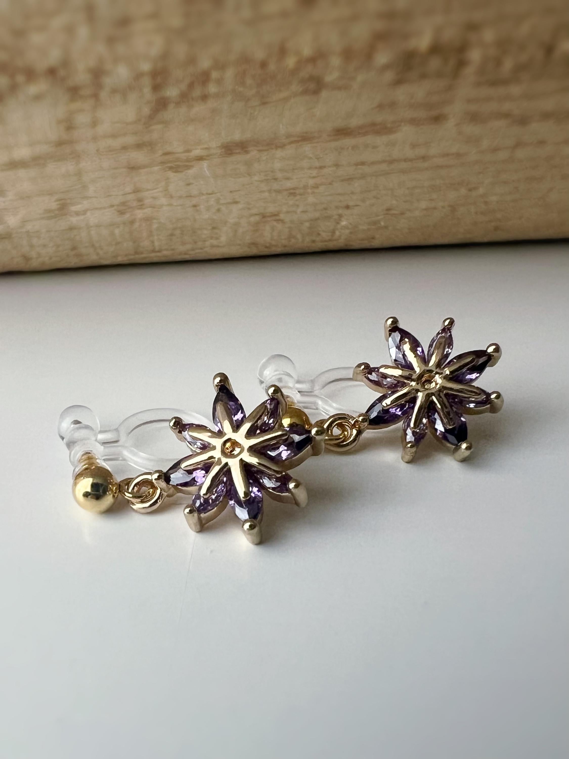 Purple daisy dangling resin ear clips, Flower Zircon CLIPS Invisible delicate daily comfortable
