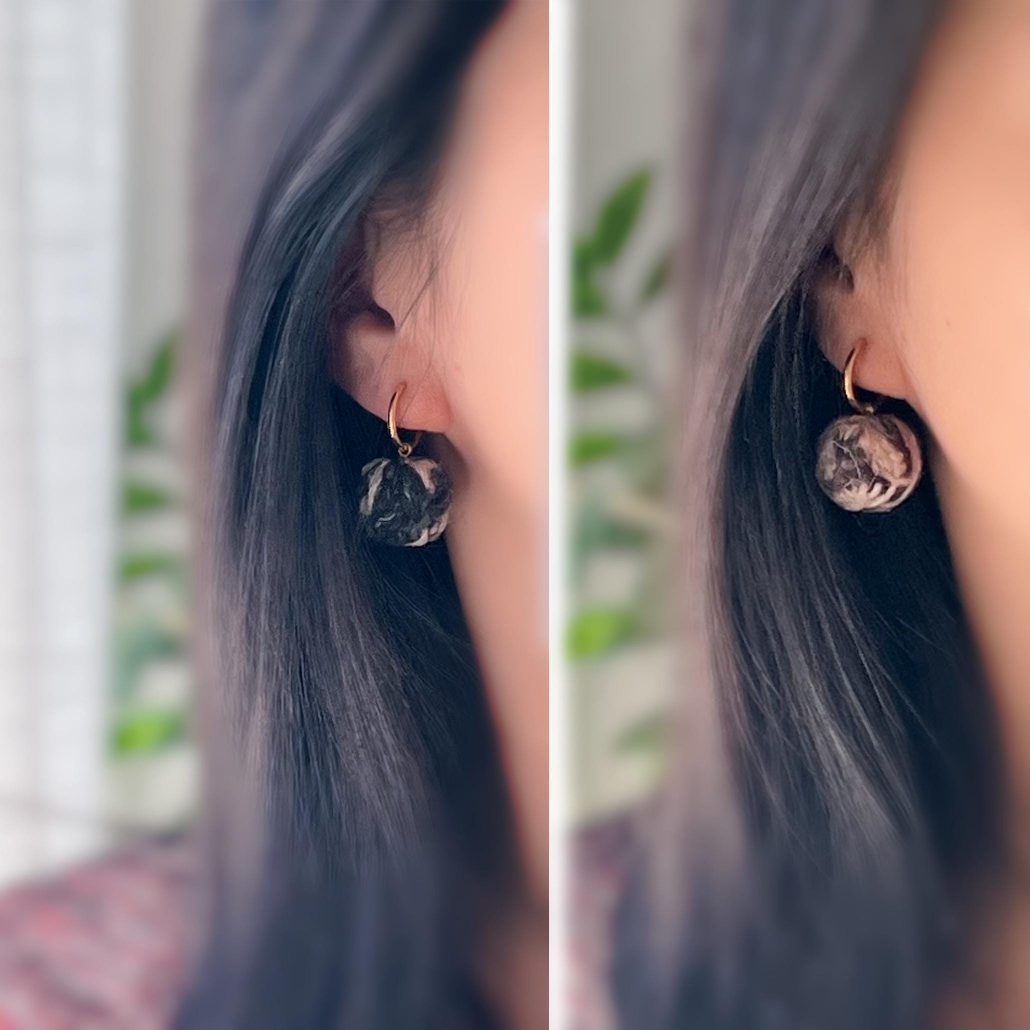 2 EN 1 Créoles Clips 15mm OR Gros pompon boucle de fil de laine Vert foncé kaki/ Marron foncé Kaki Clips d'oreilles de l'hiver.