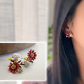 Clips d'oreilles Grandes fleurs rouge jaune pissenlit blanc feuille vert zircon. boucles d'oreilles CLIPS Invisible confortable