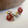 Clips d'oreilles Grandes fleurs rouge jaune pissenlit blanc feuille vert zircon. boucles d'oreilles CLIPS Invisible confortable