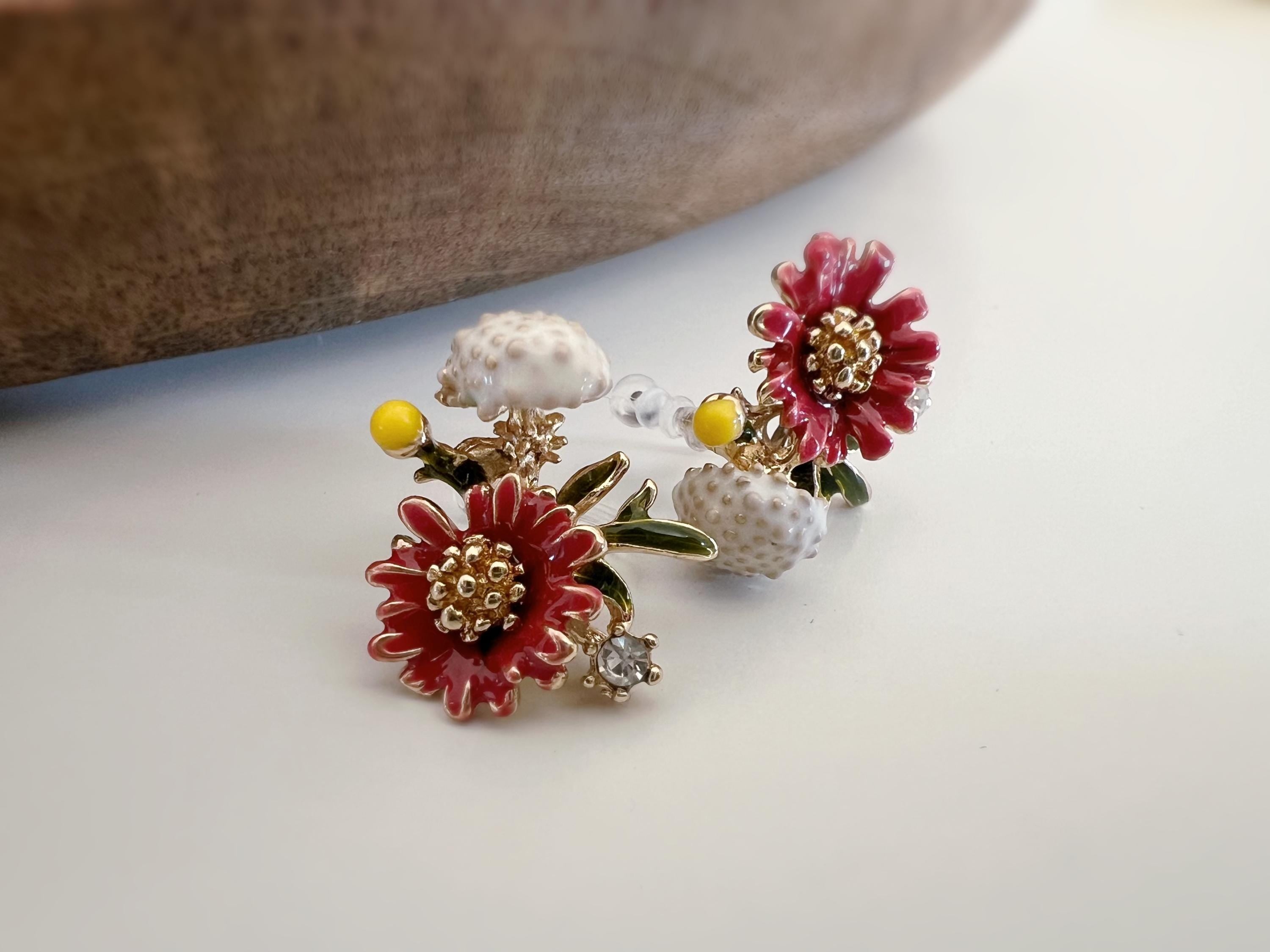 Clips d'oreilles Grandes fleurs rouge jaune pissenlit blanc feuille vert zircon. boucles d'oreilles CLIPS Invisible confortable
