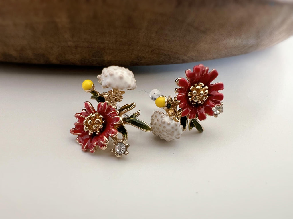 Clips d'oreilles Grandes fleurs rouge jaune pissenlit blanc feuille vert zircon. boucles d'oreilles CLIPS Invisible confortable