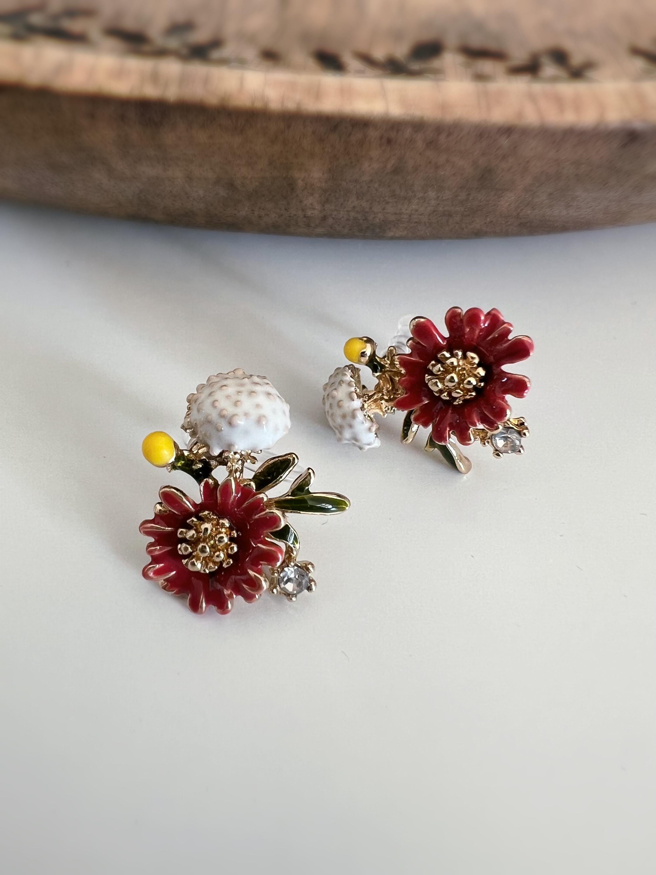 Clips d'oreilles Grandes fleurs rouge jaune pissenlit blanc feuille vert zircon. boucles d'oreilles CLIPS Invisible confortable