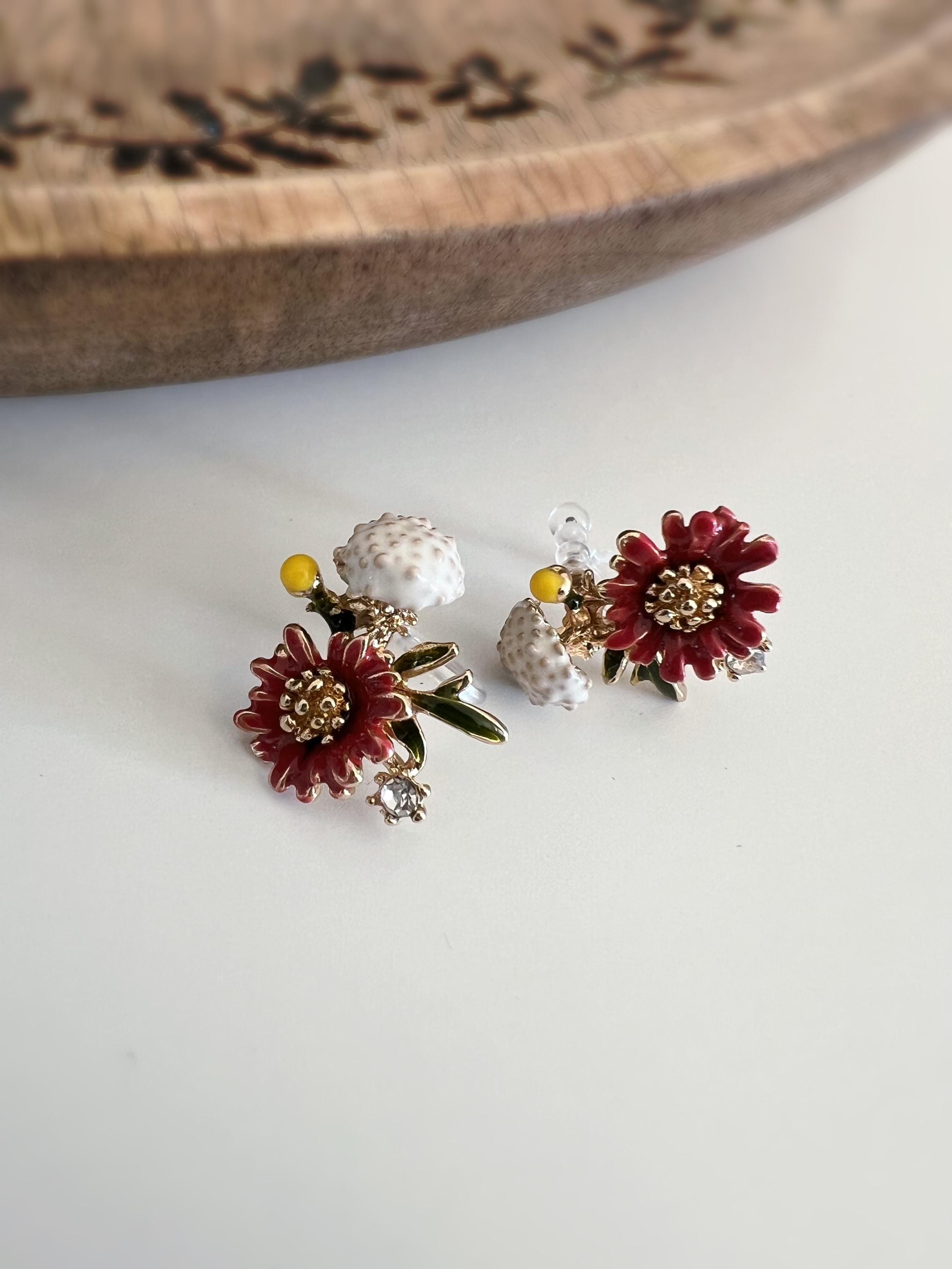 Clips d'oreilles Grandes fleurs rouge jaune pissenlit blanc feuille vert zircon. boucles d'oreilles CLIPS Invisible confortable