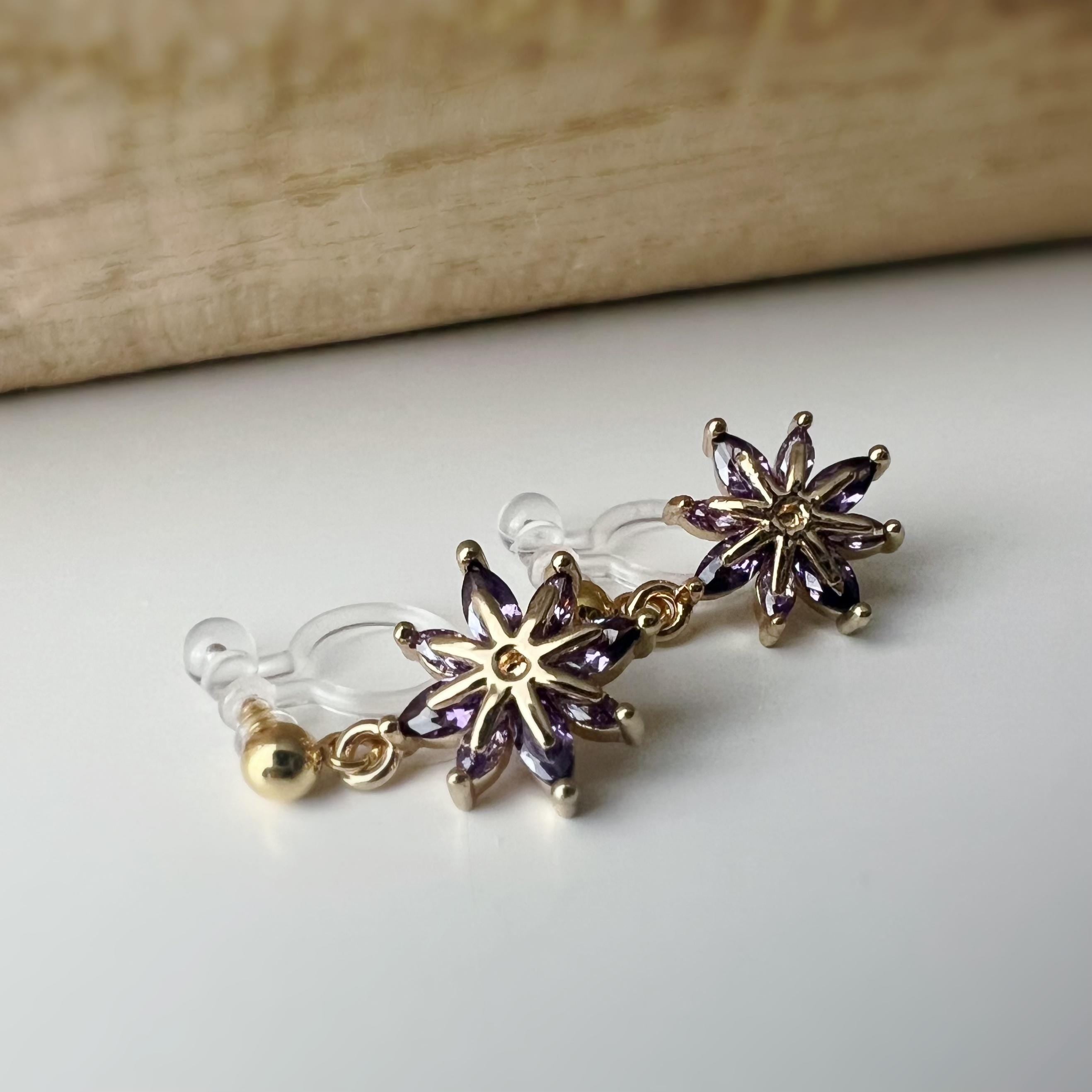 Purple daisy dangling resin ear clips, Flower Zircon CLIPS Invisible delicate daily comfortable