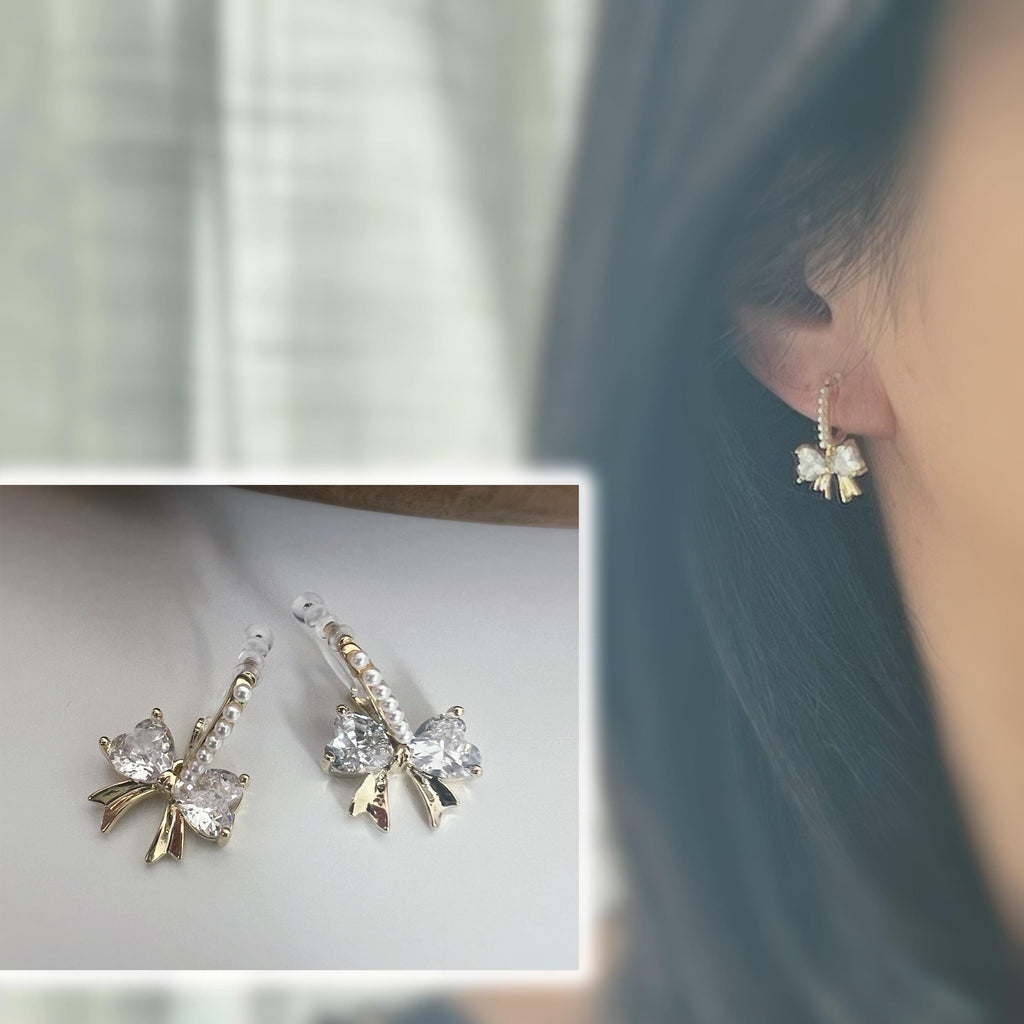 Noeud papillon sweet zircon Clips Invisible couleur or Demi-créole avec mini perle blanche, Clips confortable délicat. Cadeaux Prêt à offrir