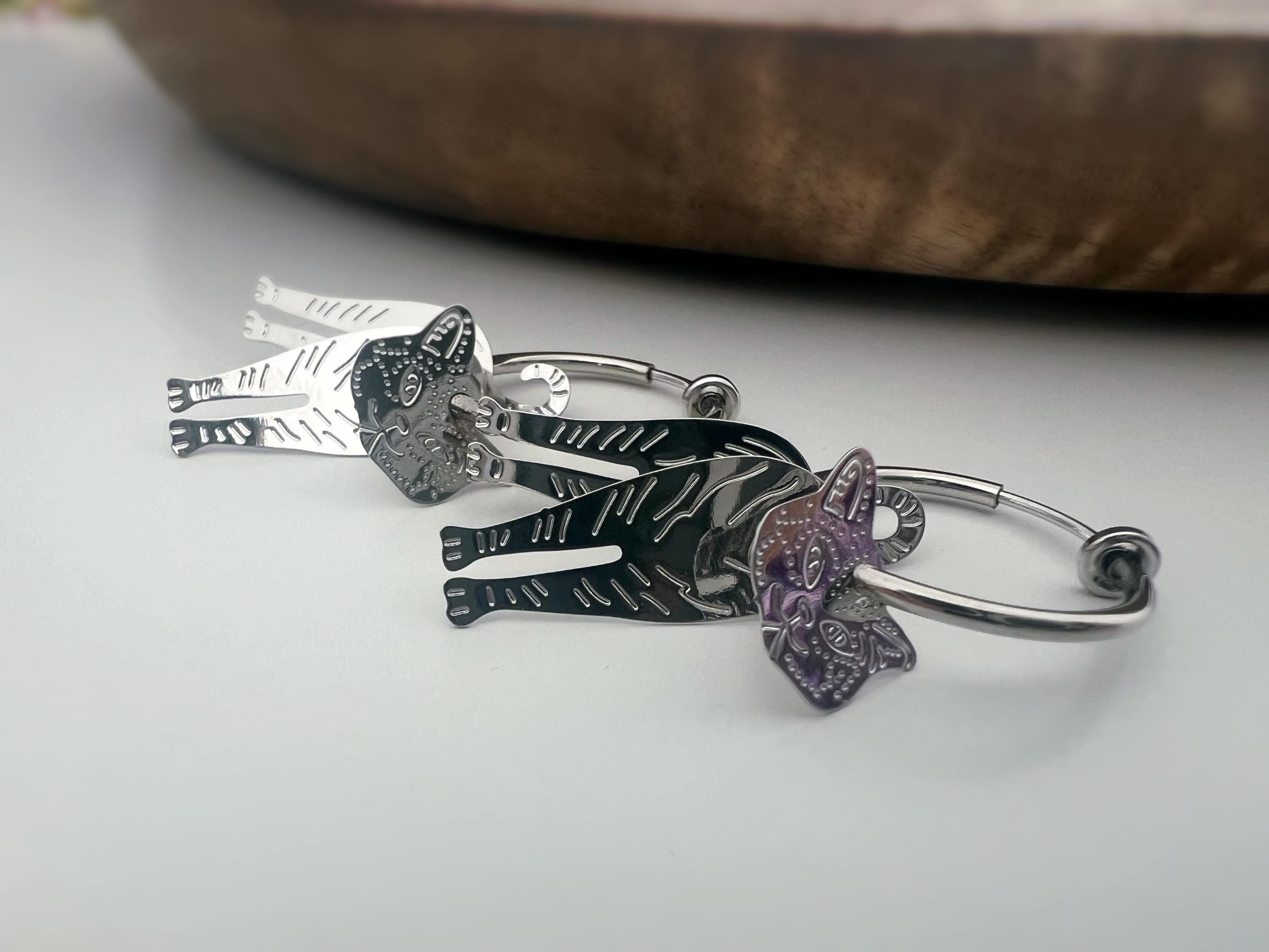 2 EN 1 Chat Créoles Clips 20mm Argent Pendantes Chat Cercle Petites perles argenté. Clips d'oreilles Anneaux argent