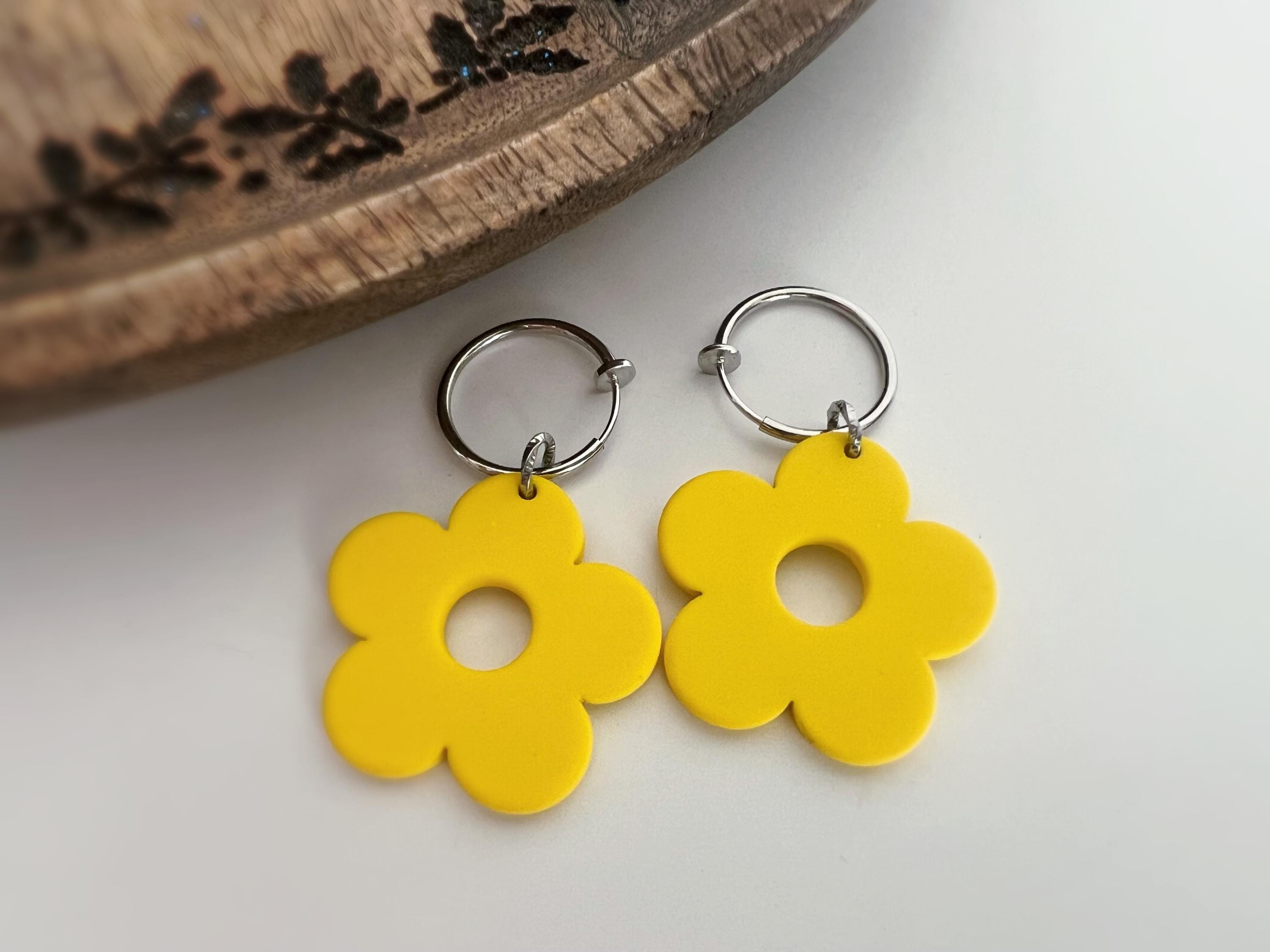 Sweet. 2 en 1 Clips Créole 18mm argent avec grande fleurs jaune fluo Boucles d'oreilles clips créole anneaux