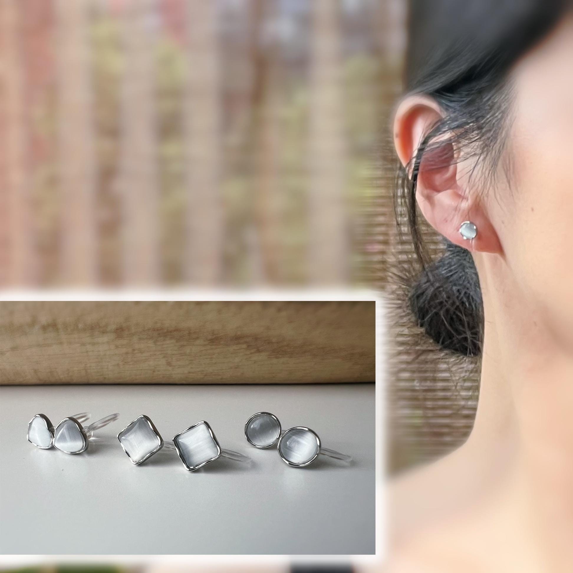 Mini CLIPS d'oreilles invisibles argenté, Mini Triangle/ Carré / Rond pierre oeil de chat blanc, Boucles d'oreilles clips minimaliste